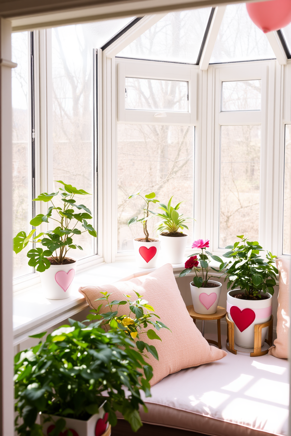 A bright sunroom filled with natural light featuring potted plants arranged in decorative pots adorned with heart motifs. The space is enhanced with soft pastel cushions on a cozy seating area, creating a warm and inviting atmosphere for Valentine's Day celebrations.