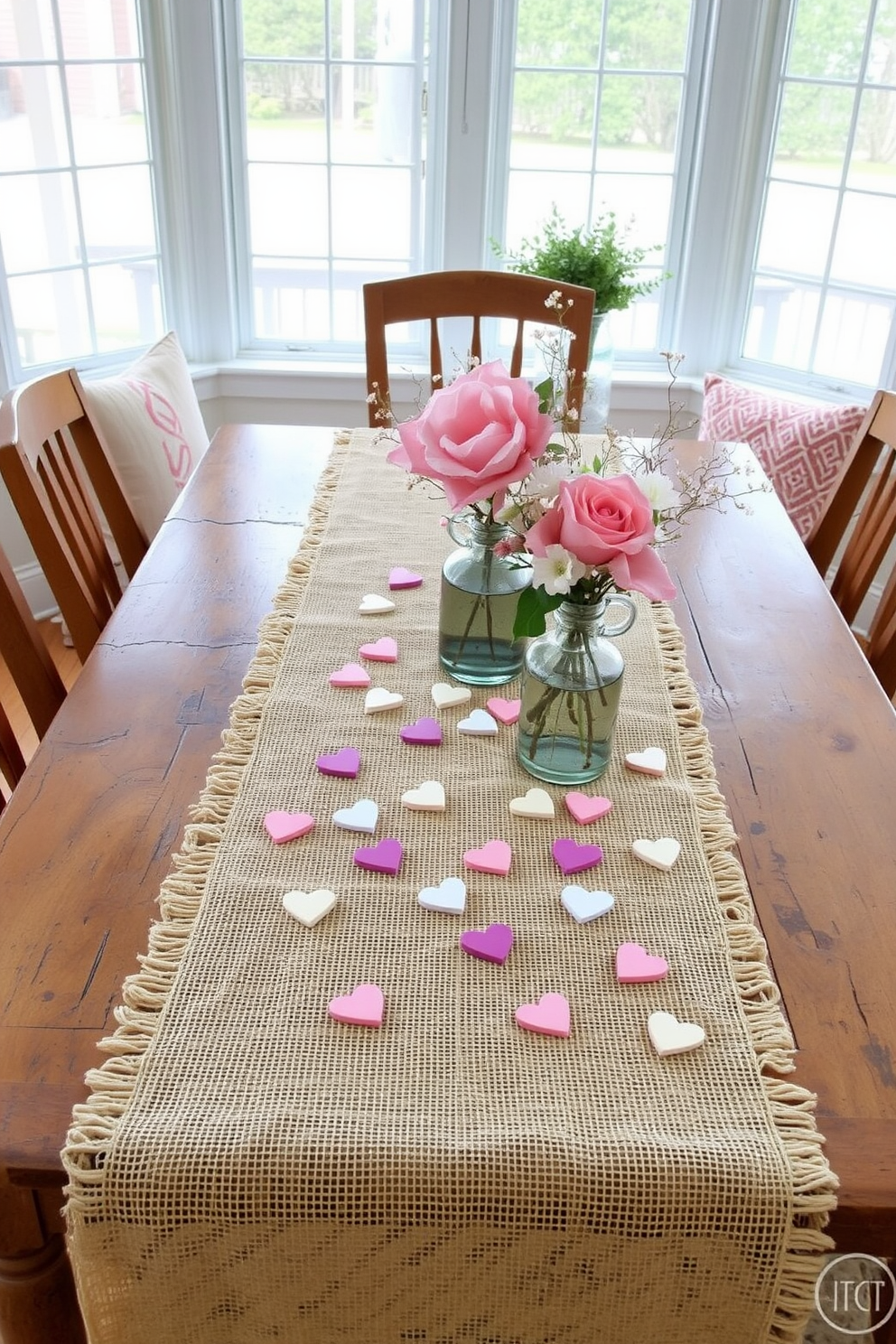 A cozy sunroom adorned for Valentine's Day features a burlap table runner elegantly draped across a rustic wooden table. Scattered across the runner are heart-shaped decorations in soft pastel colors, complemented by delicate floral arrangements in charming vases.