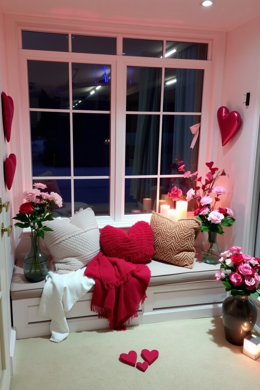 A cozy sunroom featuring a cushioned window seat adorned with soft, colorful blankets. The space is decorated for Valentine's Day with heart-shaped pillows, romantic lighting, and floral arrangements in shades of pink and red.