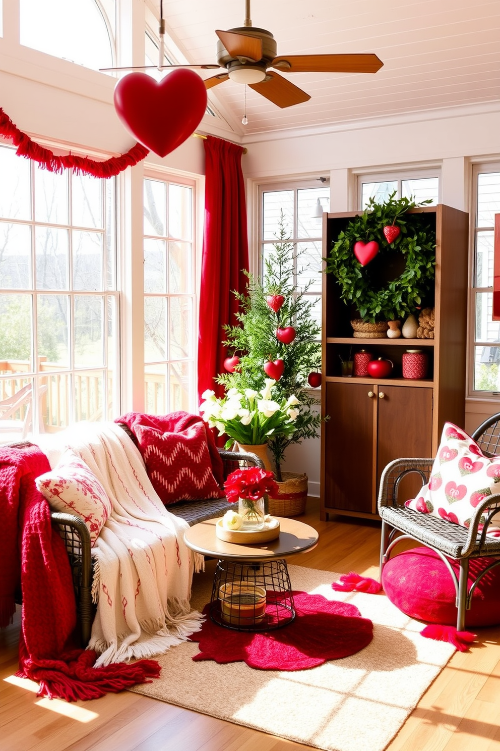 A cozy sunroom adorned with seasonal throw blankets in rich red shades. The space features large windows allowing natural light to flood in, creating a warm and inviting atmosphere perfect for Valentine's Day decorating.