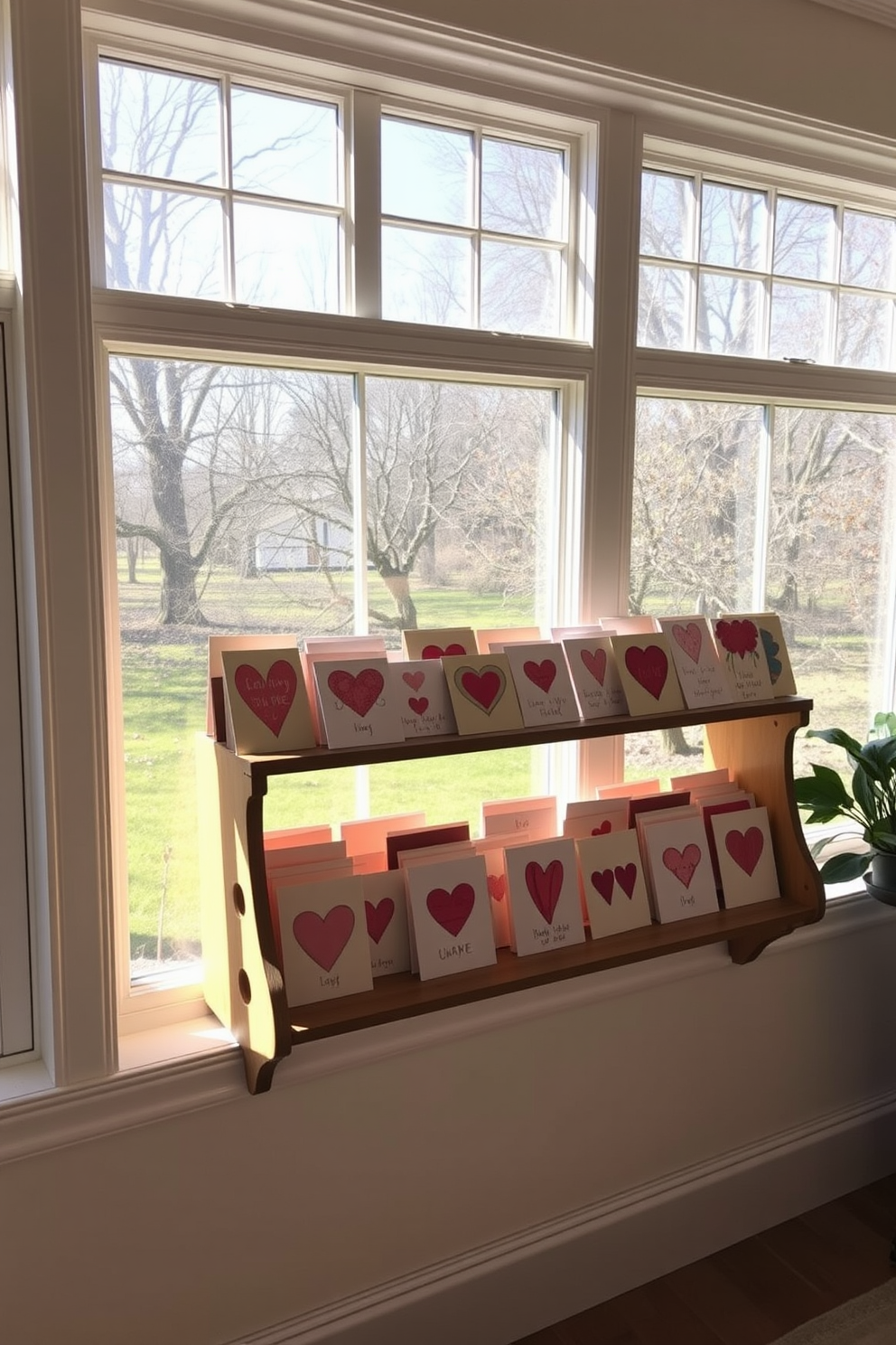 A bright sunroom filled with natural light features a charming wooden shelf adorned with an array of handmade cards. The cards, each uniquely designed, showcase vibrant colors and heartfelt messages, creating a warm and inviting atmosphere perfect for Valentine's Day.