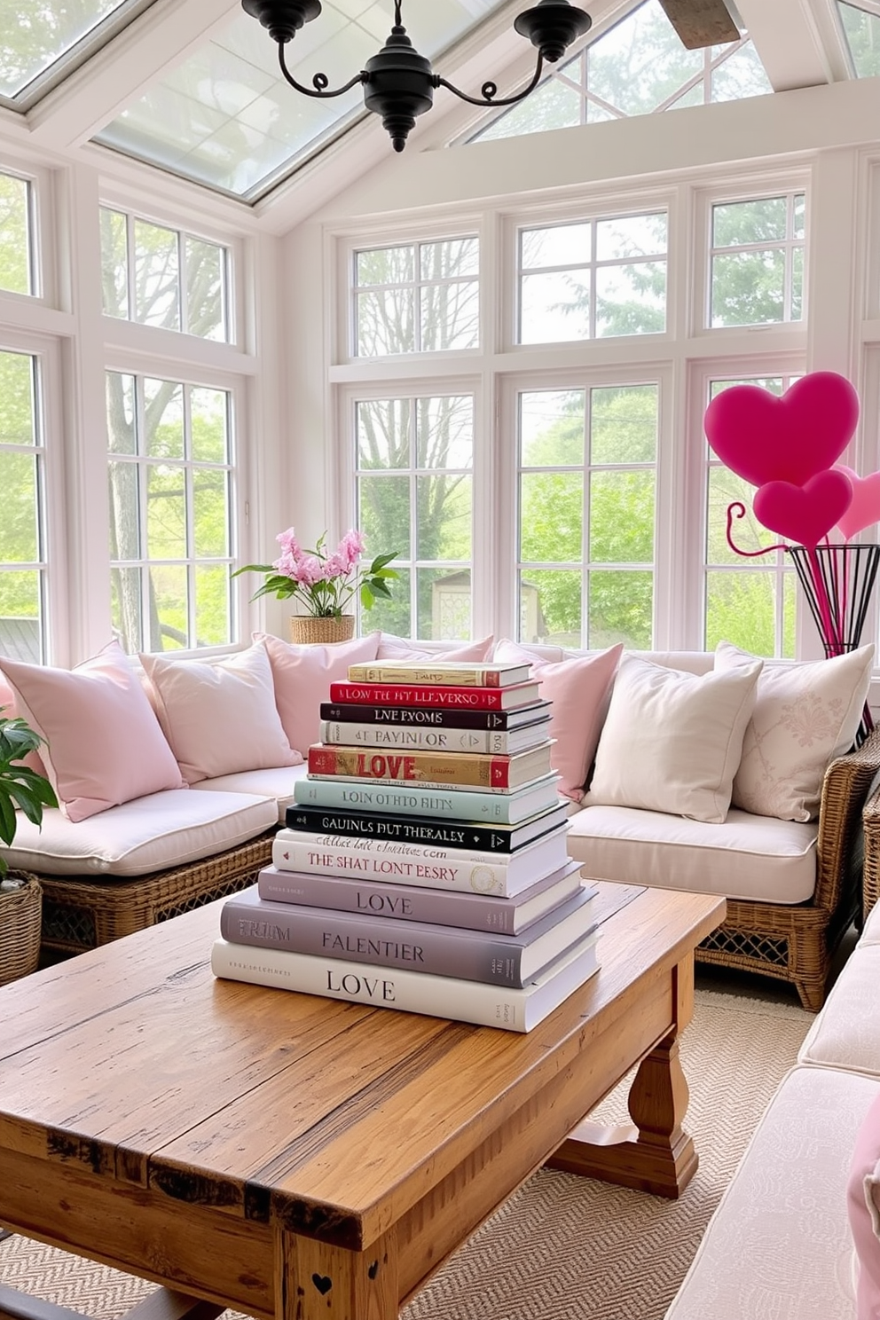 A cozy sunroom filled with natural light features love-themed books stacked decoratively on a rustic wooden coffee table. Soft pastel cushions adorn a comfortable seating area, creating an inviting atmosphere perfect for Valentine's Day.