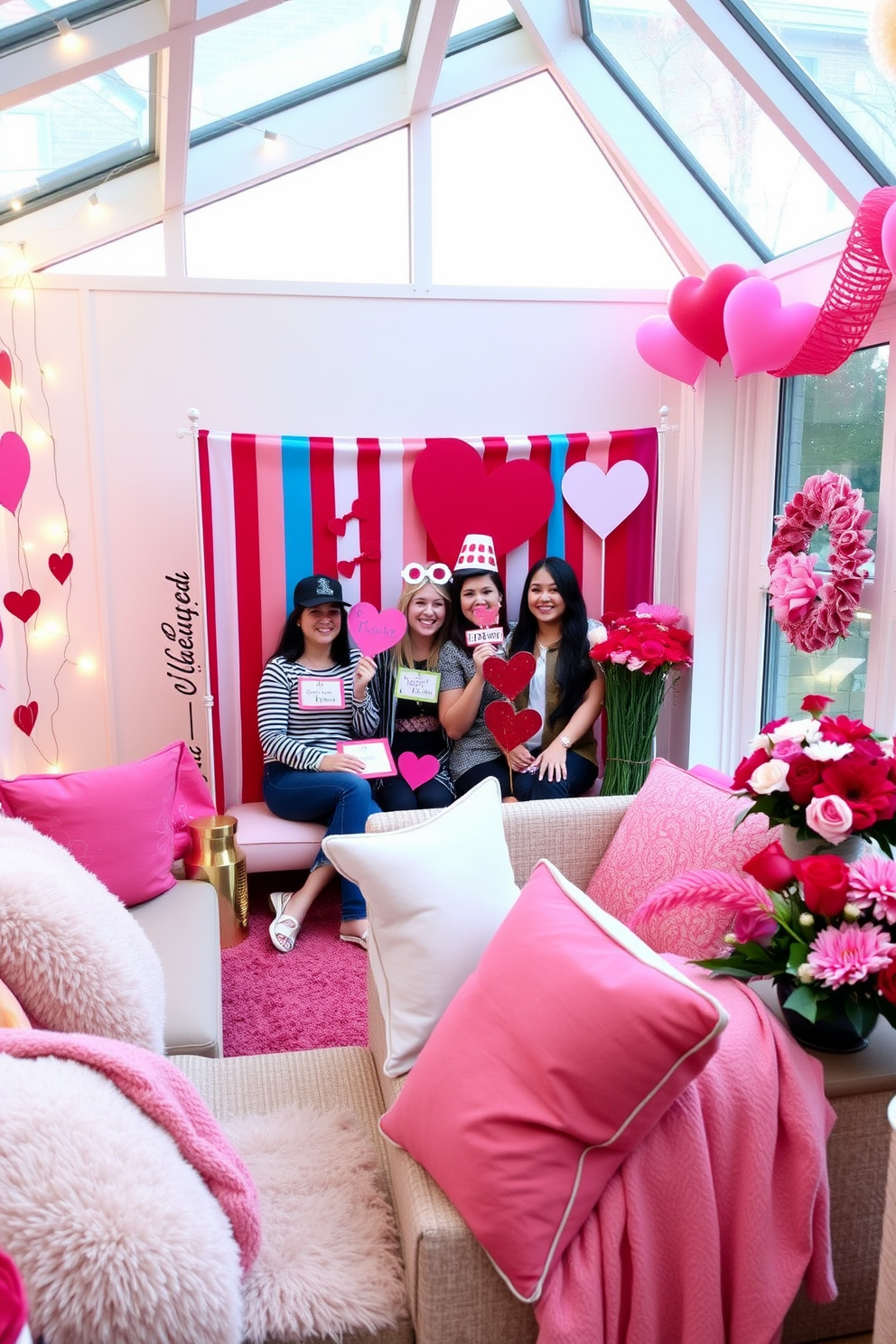 A DIY photo booth is set up with a colorful backdrop and an assortment of fun props including oversized glasses, hats, and signs. The space is decorated with twinkling fairy lights and plush seating to create a cozy atmosphere for guests. In the sunroom, cheerful Valentine's Day decorations adorn the space with heart-shaped garlands and vibrant floral arrangements. Soft cushions and throws in shades of pink and red invite relaxation while adding a festive touch.