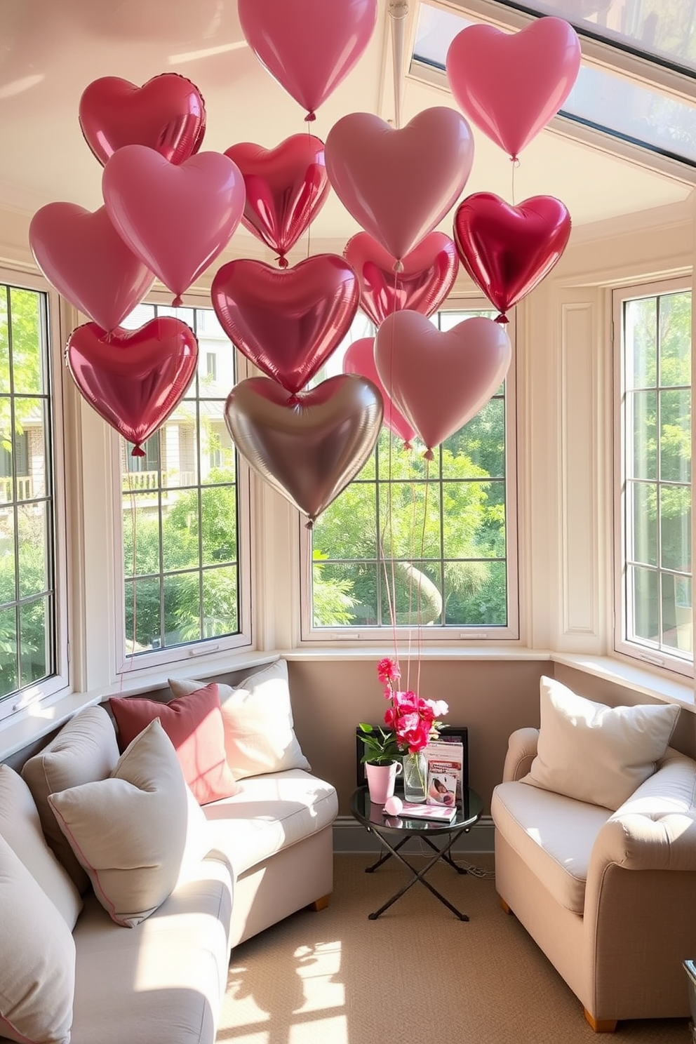 Heart-shaped balloons float gracefully above a cozy sunroom filled with natural light. The room features a comfortable seating area adorned with soft, pastel-colored cushions and a small coffee table decorated with Valentine's Day-themed accents.