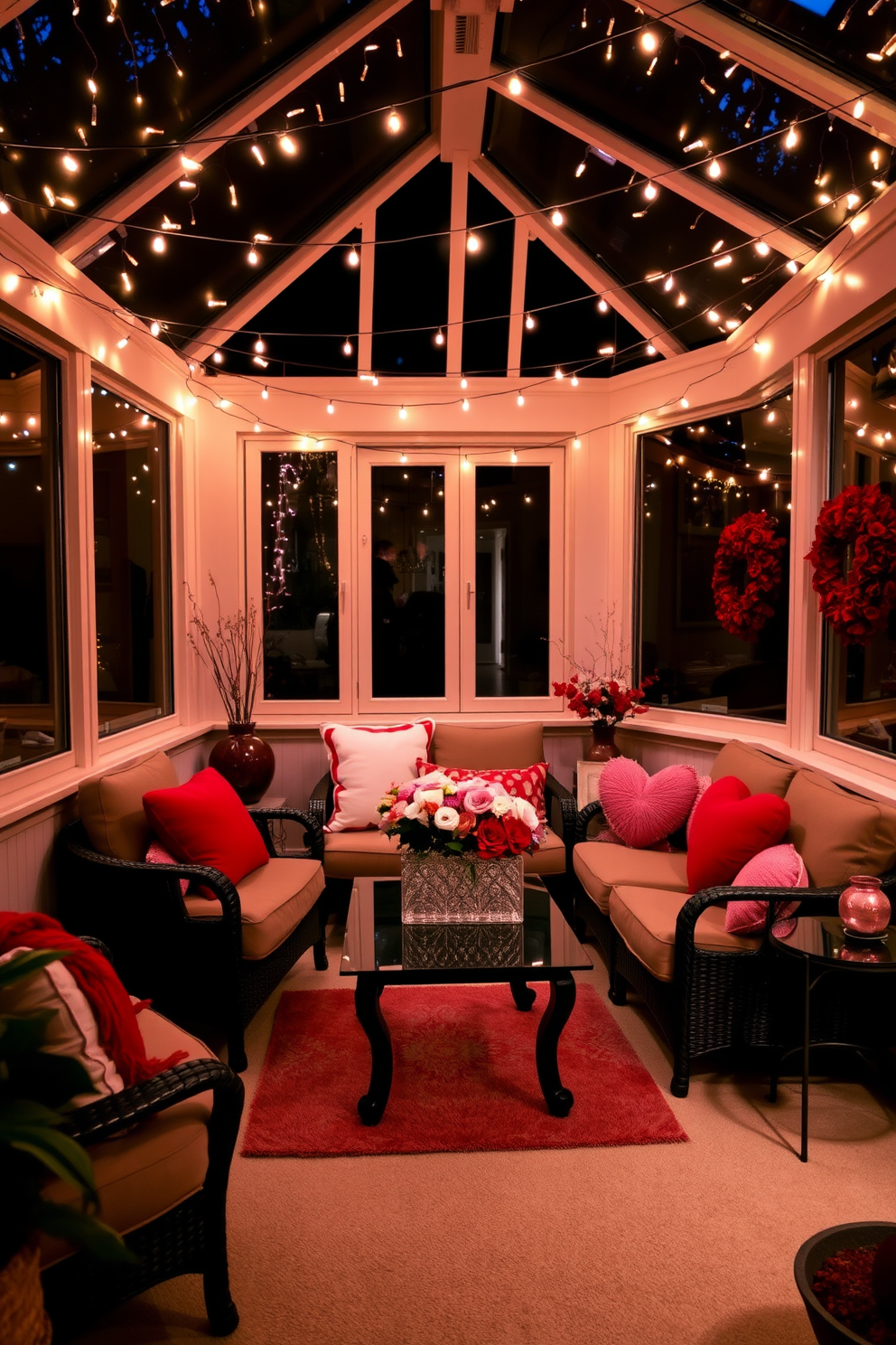 A cozy sunroom adorned with string lights casting a warm and romantic glow. Plush seating is arranged around a small coffee table, creating an inviting space perfect for intimate gatherings. Decorative accents in shades of red and pink enhance the Valentine’s Day theme. Fresh flowers in vases and heart-shaped cushions add a charming touch to the overall decor.