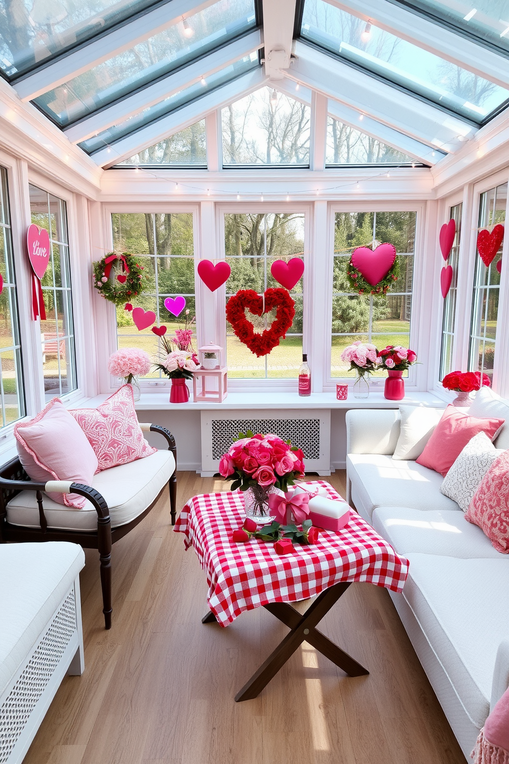 A bright sunroom filled with natural light and cozy seating arrangements. The space is adorned with soft pink and red decorations for Valentine's Day, including heart-shaped pillows and floral arrangements. Delicate string lights are draped across the windows, creating a warm ambiance. A small table is set with a romantic picnic setup, complete with a red and white checkered blanket and a vase of fresh roses.