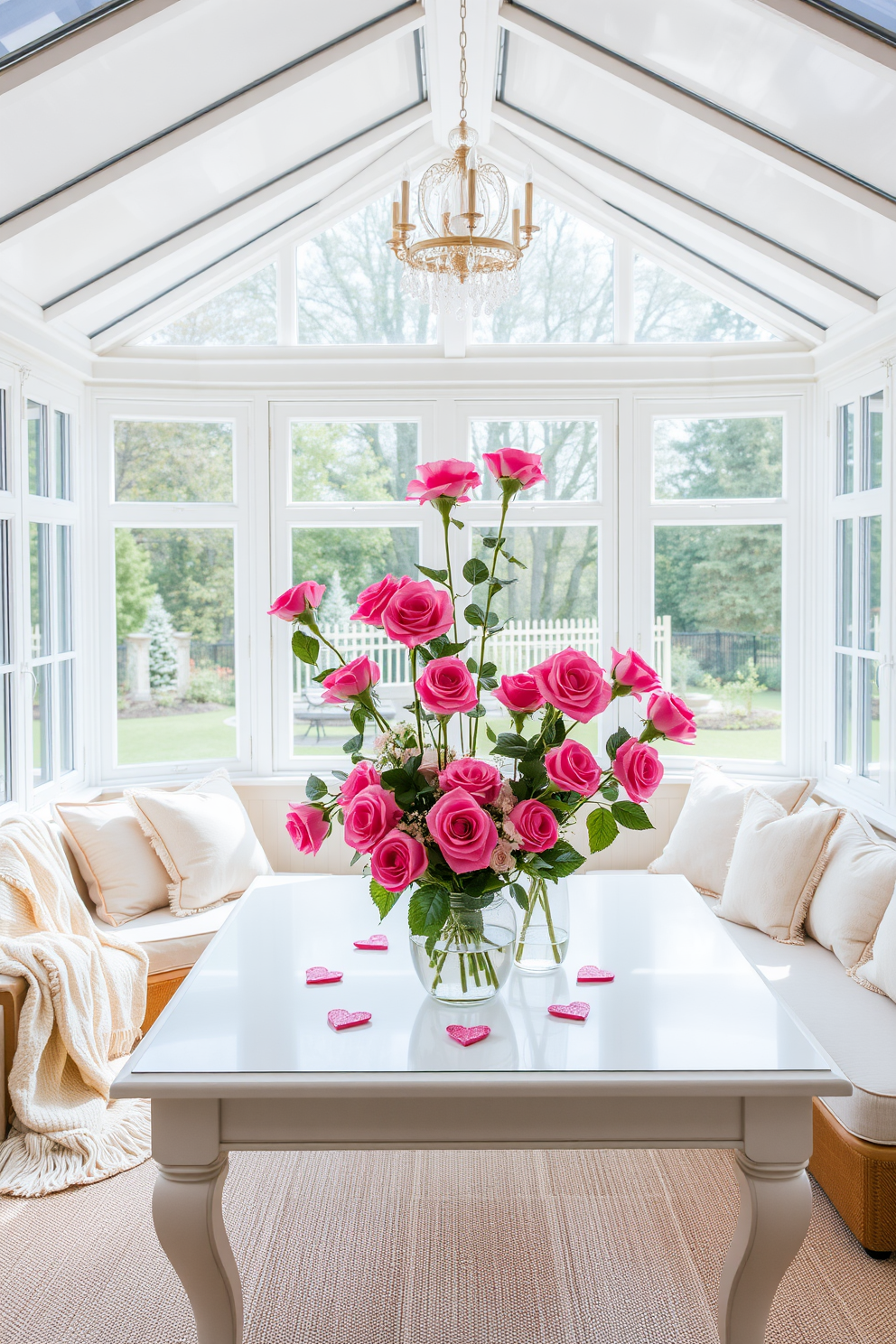 A bright sunroom filled with natural light. The space features a cozy seating area adorned with soft cushions and a light-colored throw blanket. In the center, a large table is decorated with elegant floral arrangements showcasing vibrant pink roses. Surrounding the table are delicate heart-shaped decorations that enhance the Valentine's Day theme.