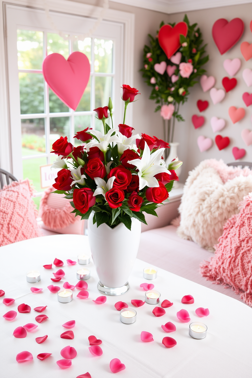 A romantic table centerpiece for Valentine's Day featuring a lush arrangement of red roses and white lilies in a heart-shaped vase. Surrounding the vase are scattered rose petals and small tealight candles to create a warm, inviting glow. A sunroom decorated for Valentine's Day showcasing soft pastel colors and whimsical heart-shaped decorations. Cozy seating is accented with plush pillows in shades of pink and red, inviting relaxation and romance.