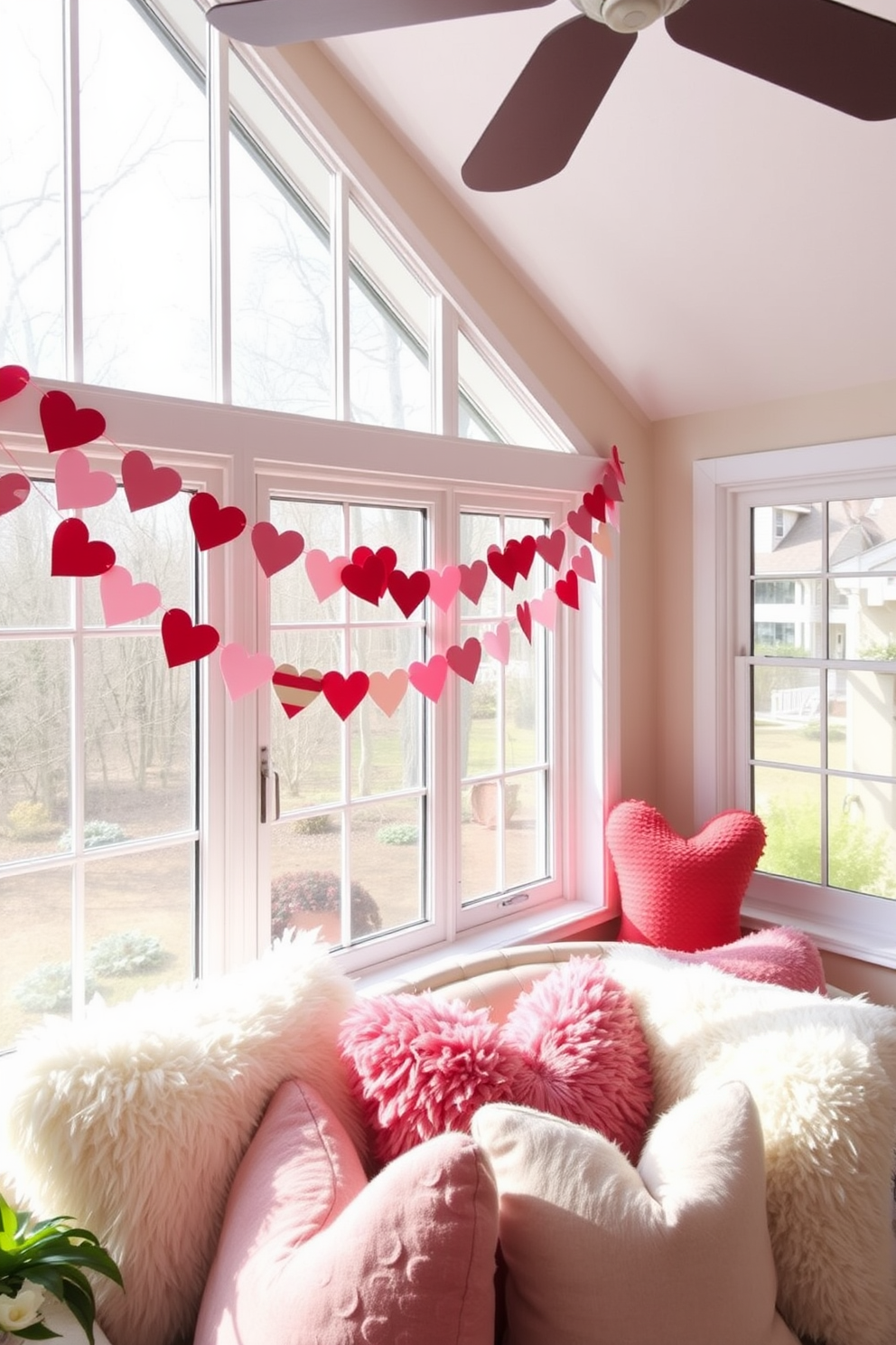 A charming sunroom decorated for Valentine's Day features a DIY heart garland crafted from colorful paper hearts strung across the windows. Soft natural light filters through, illuminating cozy seating adorned with plush pillows in shades of pink and red.