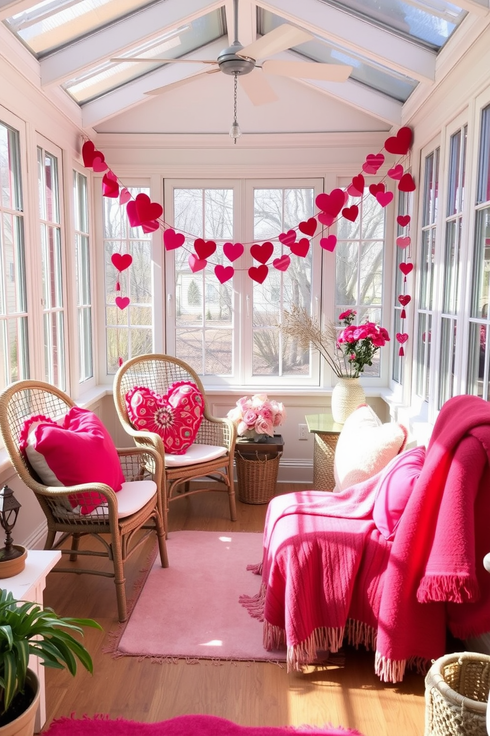 A sunroom filled with natural light features chairs adorned with colorful heart-shaped cushions. The decor includes festive accents such as garlands of hearts and soft throws in shades of pink and red, creating a warm and inviting atmosphere for Valentine's Day.