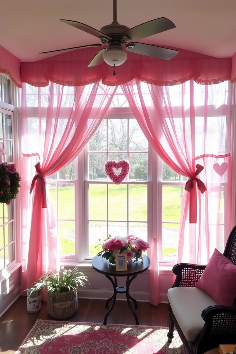 A sunroom adorned with seasonal curtains in soft pink hues creates a warm and inviting atmosphere. The curtains gently filter the sunlight, enhancing the room's bright and cheerful ambiance, perfect for Valentine's Day celebrations.