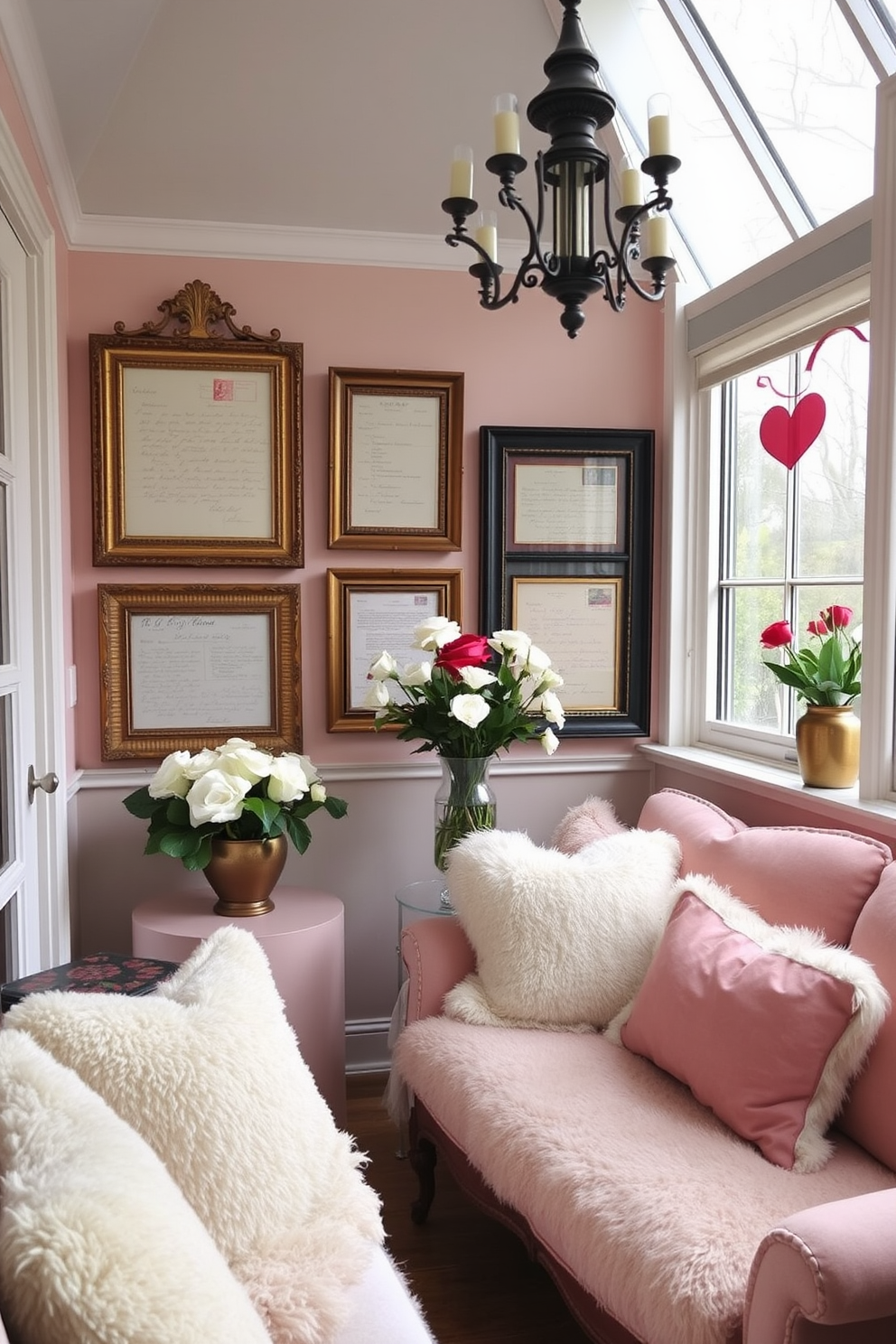 A cozy sunroom adorned with vintage love letters displayed in elegant frames. The walls are painted in soft pastels, and plush seating invites relaxation while celebrating the spirit of Valentine's Day.