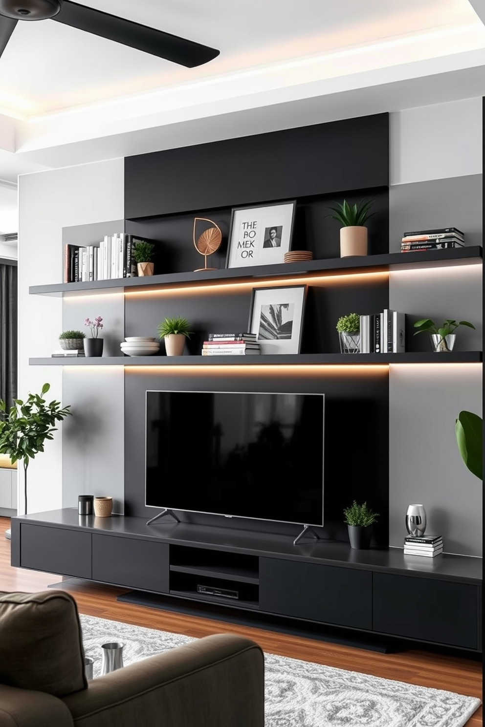 A modern living room featuring a sleek TV wall with built-in floating shelves. The shelves are adorned with decorative accents such as books, plants, and art pieces, creating a stylish focal point in the space.