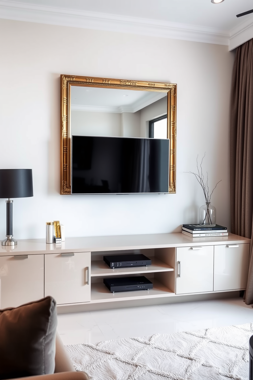 A stylish living room features a framed mirror mounted on the wall behind the television, creating a sense of depth and elegance. The TV wall is adorned with sleek cabinetry that complements the overall design, providing both functionality and aesthetic appeal.