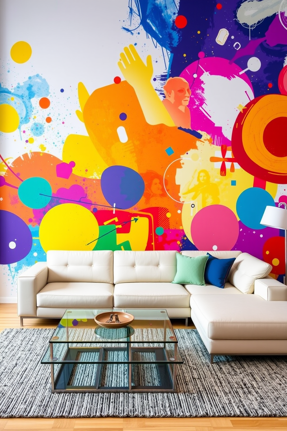 A vibrant and colorful mural serves as the backdrop for a modern living room. The mural features abstract shapes and bright hues that energize the space, complementing the sleek furniture arrangement. In front of the mural, a contemporary sectional sofa in a neutral tone invites relaxation. A glass coffee table rests on a textured area rug, while decorative cushions add pops of color that tie the room together.