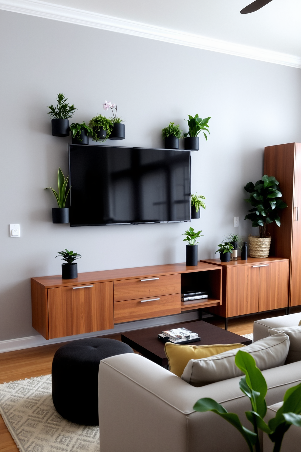 A modern living room featuring a wall-mounted plant display that adds a touch of greenery. The wall is painted in a soft gray, and a sleek flat-screen TV is mounted above a minimalist wooden console. The plants are arranged in geometric planters, creating a vibrant focal point. A cozy sectional sofa in neutral tones faces the TV, complemented by a stylish coffee table.