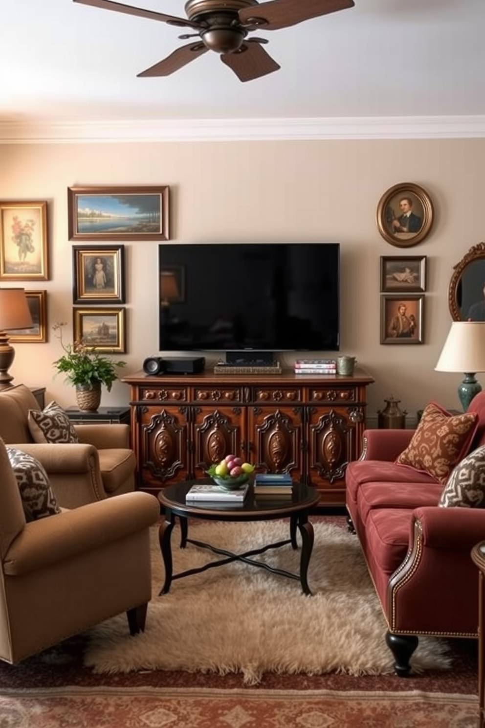 A cozy living room featuring vintage furniture as a TV stand. The TV stand is an ornate wooden piece with intricate carvings, holding a large flat-screen TV above it. Surrounding the TV stand are plush armchairs upholstered in rich fabrics and a soft area rug that adds warmth to the space. The walls are adorned with vintage art pieces, and a warm color palette creates an inviting atmosphere.