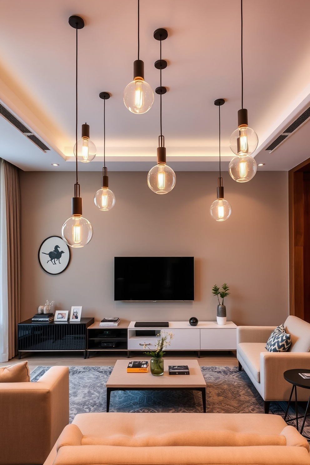 A stylish living room featuring hanging pendant lights that create a warm and inviting ambiance. The walls are adorned with a sleek TV unit, complemented by modern decor and comfortable seating arrangements.