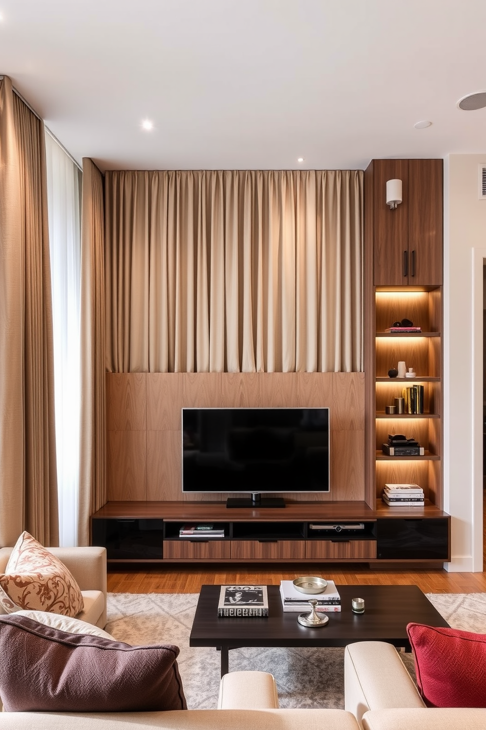 A cozy living room design featuring a screened-off area with elegant curtains that add a touch of softness. The TV wall is designed with built-in shelving and a sleek entertainment unit, creating a stylish focal point for relaxation and entertainment.