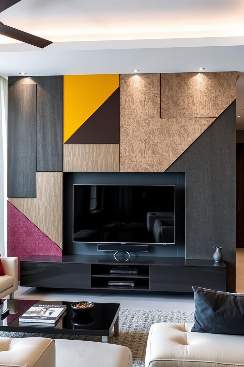 A contemporary living room featuring a sleek TV wall designed with modern geometric shapes. The wall is adorned with a mix of textured panels and bold colors, creating a striking focal point in the space.