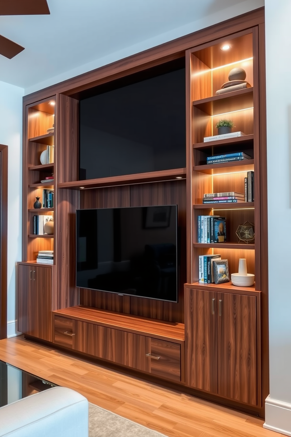 Custom built-ins for a sleek look in the living room create a seamless integration of storage and style. The TV wall features a combination of open shelving and closed cabinets, finished in a rich walnut wood that complements the overall decor. The built-ins are designed to highlight the television while providing ample space for books and decorative items. Soft LED lighting is incorporated into the shelves to enhance the ambiance and draw attention to the curated displays.