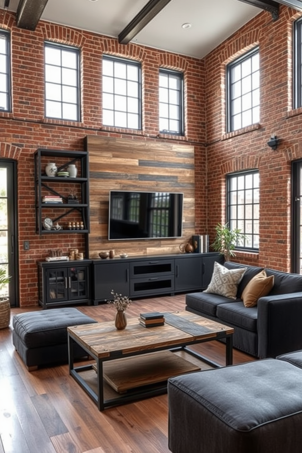 A stylish living room featuring an industrial style with exposed brick walls and large metal accents. The focal point is a sleek TV wall made of reclaimed wood and black metal, complemented by floating shelves for decorative items. The space includes a comfortable sectional sofa in a dark fabric, paired with a rustic coffee table made from distressed wood and metal. Large windows allow natural light to flood in, highlighting the combination of warm and cool tones throughout the room.