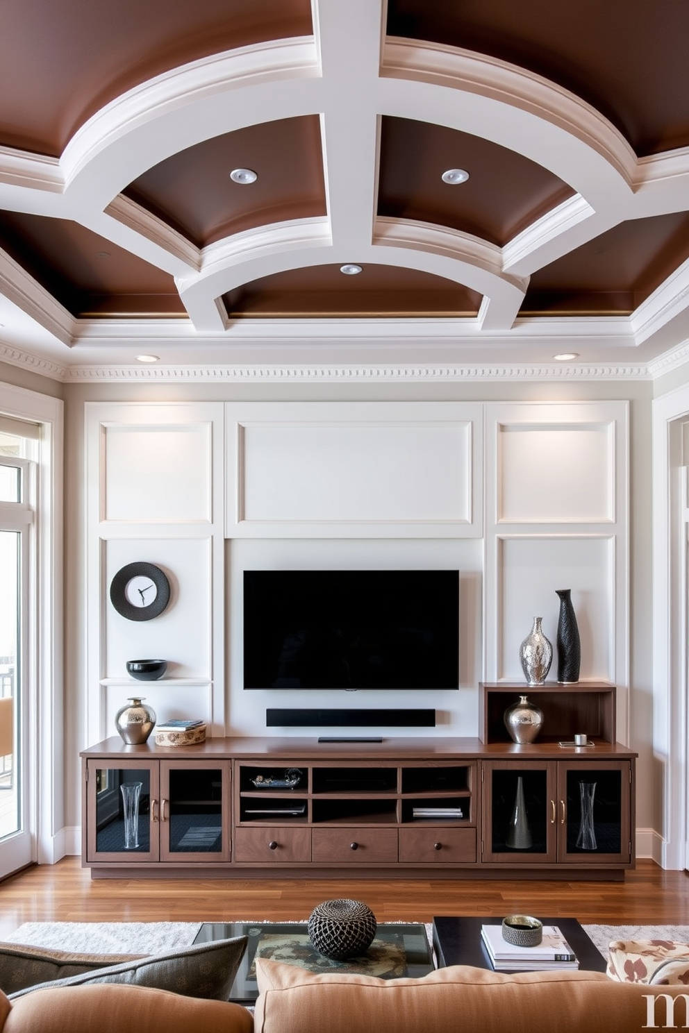 A stylish living room featuring elegant crown molding that enhances the overall design. The focal point is a beautifully arranged TV wall, showcasing a sleek entertainment unit with built-in shelving and decorative accents.