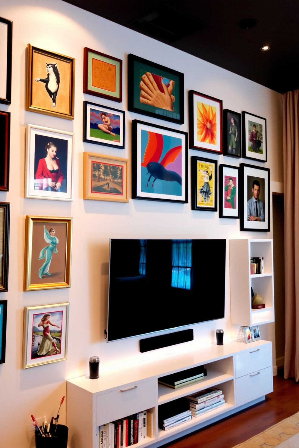 A gallery wall featuring an eclectic mix of framed artwork in various sizes and styles. The wall is painted in a soft white hue, allowing the vibrant colors of the artwork to stand out beautifully. The TV wall showcases a sleek, modern entertainment unit with built-in shelving for books and decorative items. A large flat-screen TV is mounted above the unit, complemented by subtle ambient lighting for a cozy atmosphere.