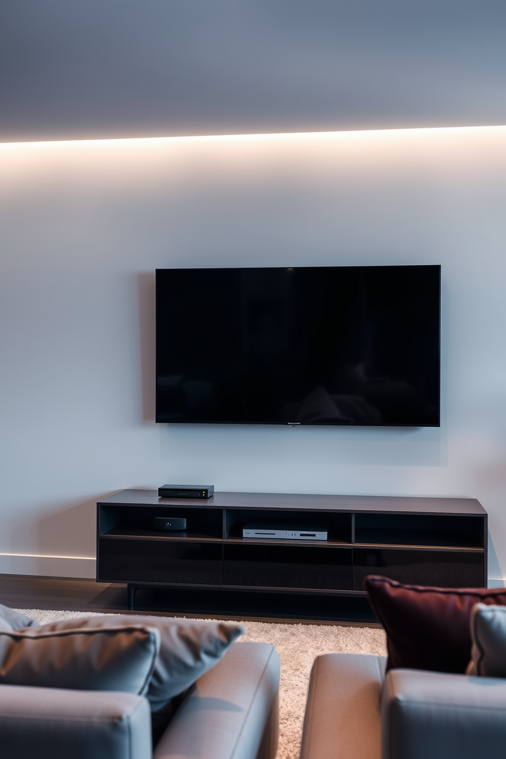 A modern living room featuring a sleek wall-mounted television seamlessly integrated with smart home technology. The space includes a minimalist entertainment unit with hidden wiring, soft ambient lighting, and comfortable seating arranged for optimal viewing.