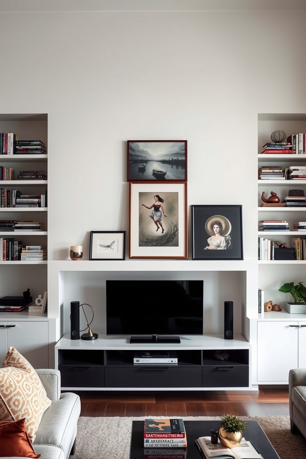 A stylish living room features open shelves filled with an eclectic mix of books and decorative items. The TV wall is designed with a sleek entertainment unit, complemented by a tasteful arrangement of art pieces above it.