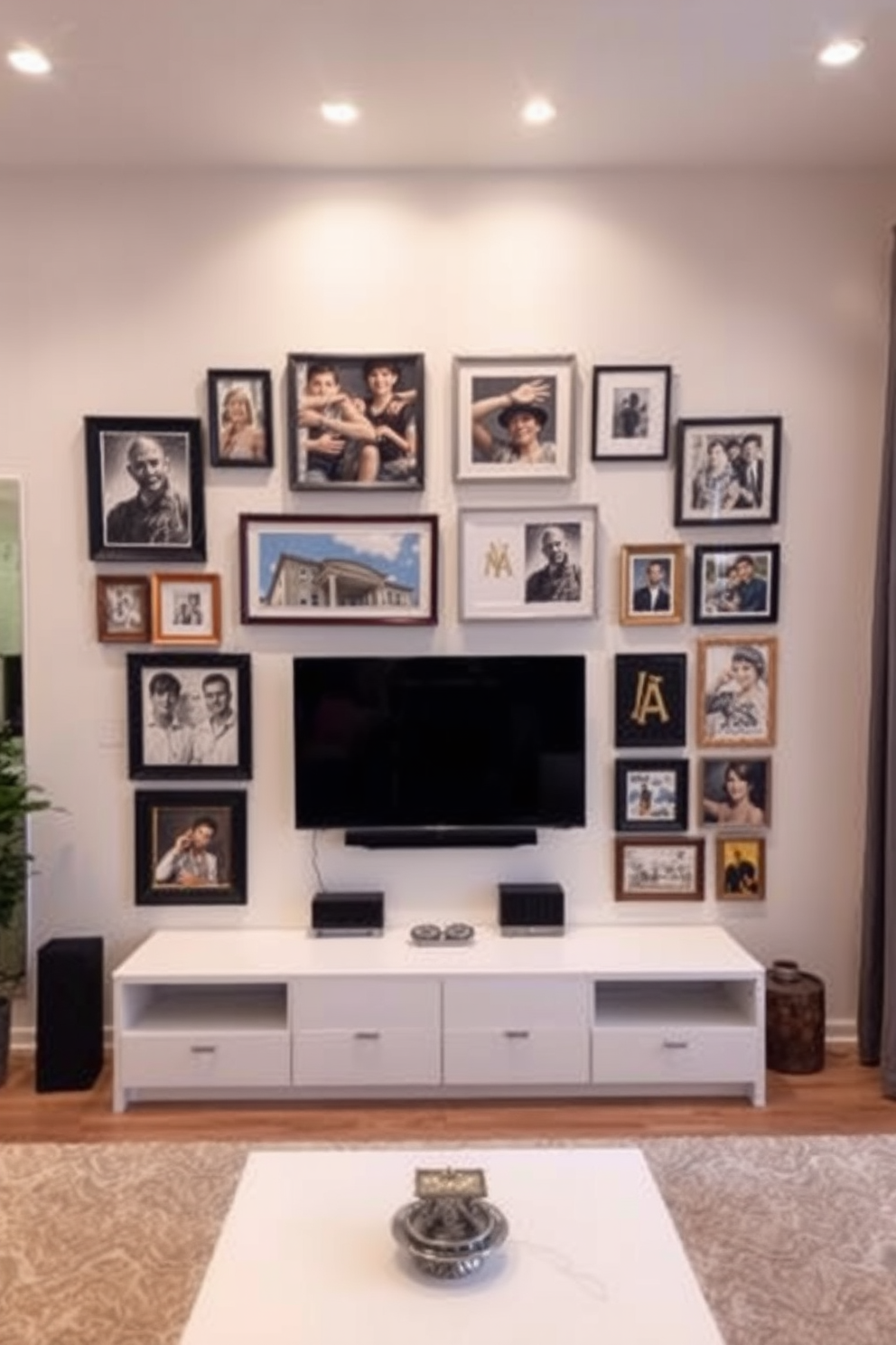 A modern living room featuring a sleek wall-mounted television at the center. Surrounding the TV is a curated display of personalized art pieces that reflect the homeowner's unique style and interests. The art is arranged in a gallery-style layout with varying frame sizes and colors for visual interest. Soft ambient lighting highlights the artwork, creating a warm and inviting atmosphere in the room.