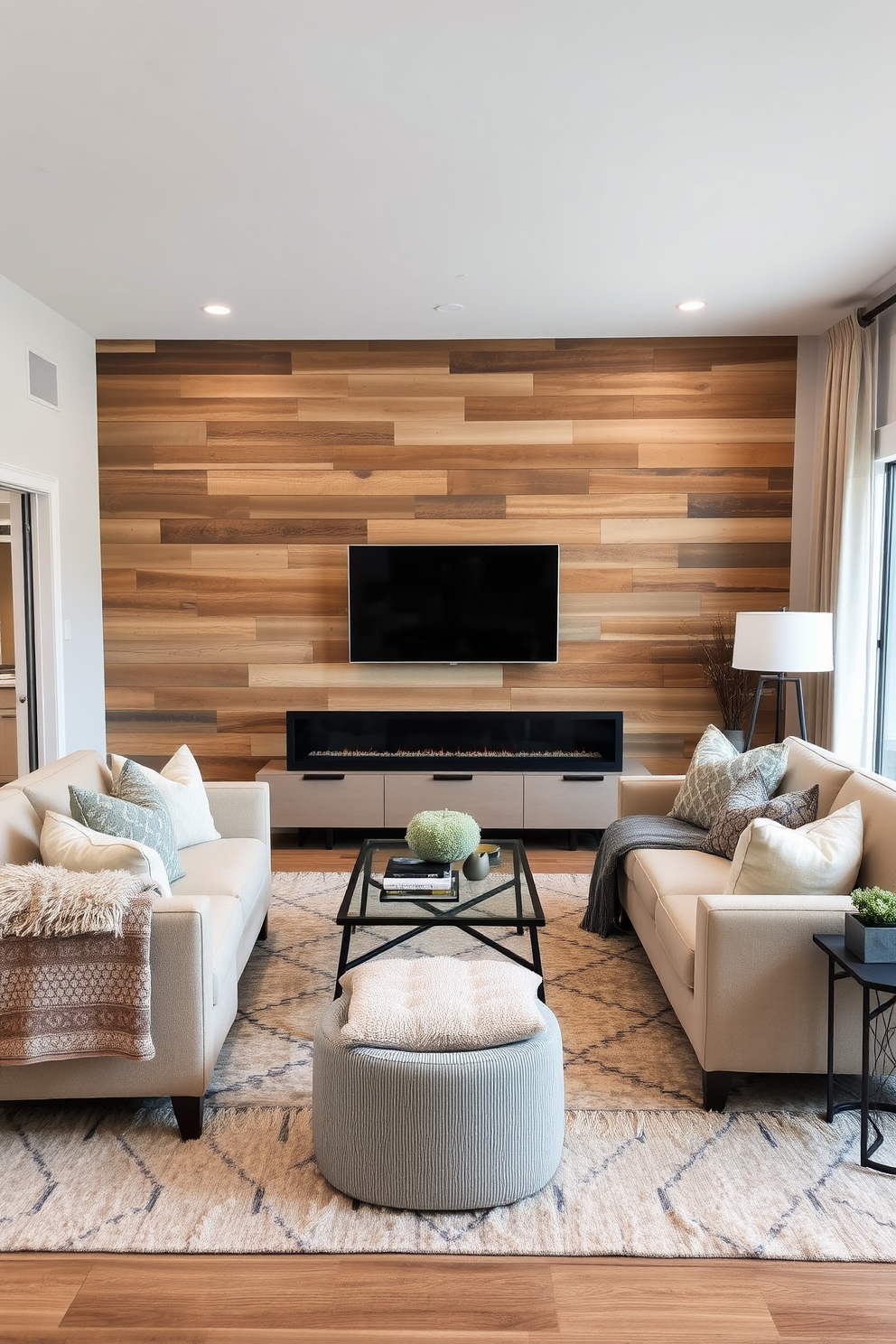 Layered textures create a warm and inviting atmosphere in the living room. A feature wall made of reclaimed wood serves as the backdrop for a sleek, modern television, surrounded by plush textiles in various shades of beige and gray. Comfortable seating options, including a large sectional sofa and accent chairs, are arranged to promote conversation. A stylish area rug anchors the space, while decorative pillows and throws add depth and color to the overall design.