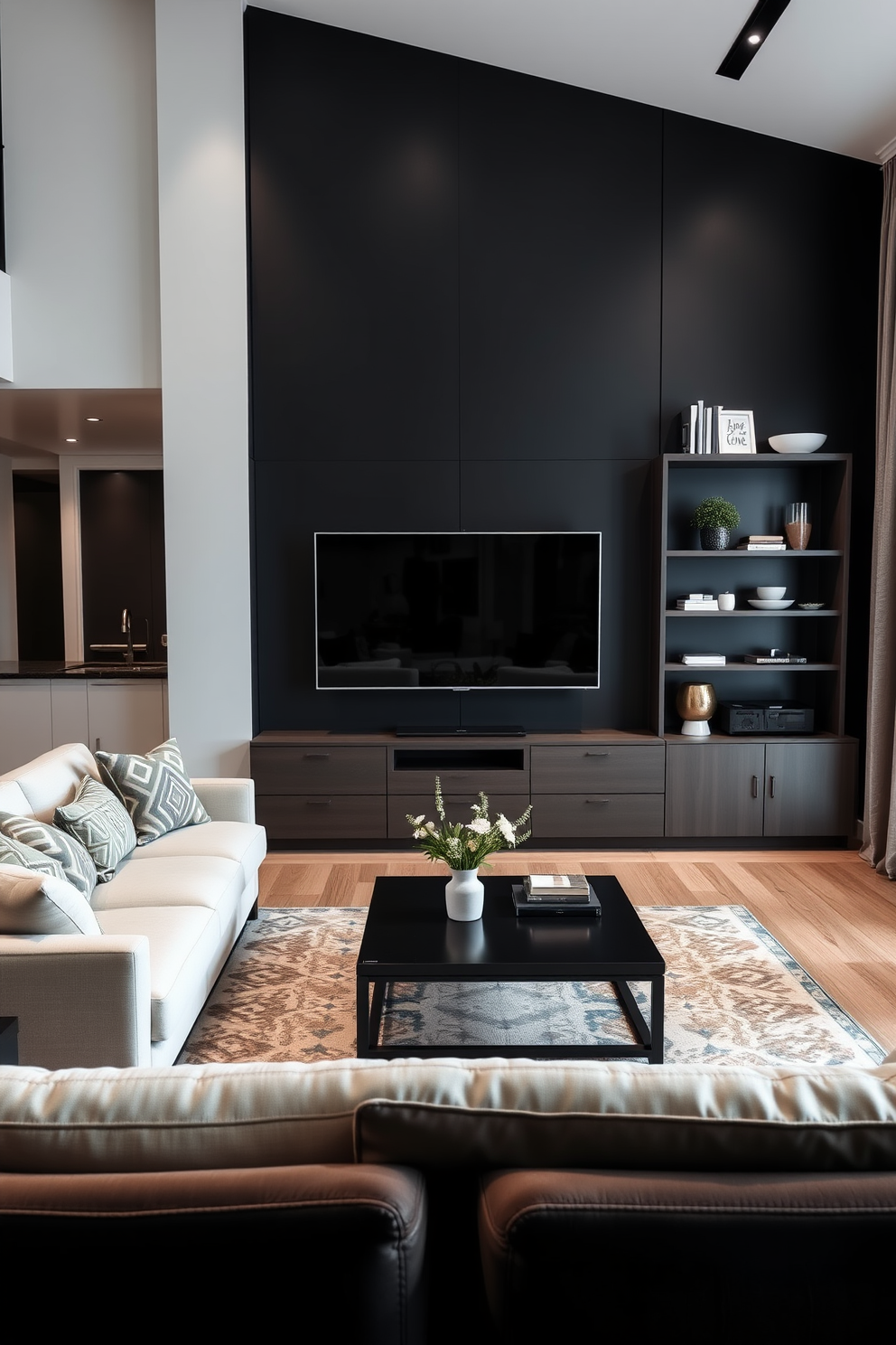 A sleek black panel serves as the focal point for a modern living room, enhancing the contemporary aesthetic. The wall is designed to accommodate a large flat-screen TV, seamlessly integrated with minimalist shelving for decorative items and media storage. The surrounding area features a plush sectional sofa in neutral tones, complemented by geometric accent pillows. A stylish coffee table sits at the center, with a statement rug anchoring the space and adding warmth to the overall design.