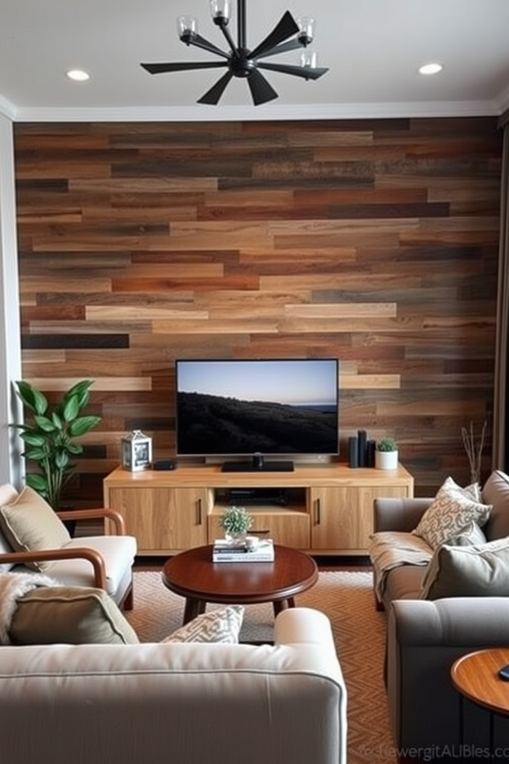 A stylish living room featuring a TV wall made from reclaimed wood, showcasing its natural textures and colors. The wall is complemented by a minimalist entertainment unit that blends seamlessly with the rustic aesthetic, providing both functionality and charm. Cozy seating arrangements include a mix of vintage and modern furniture, with plush cushions and throws adding warmth to the space. Soft lighting from decorative fixtures enhances the inviting atmosphere, making it perfect for relaxation and entertainment.