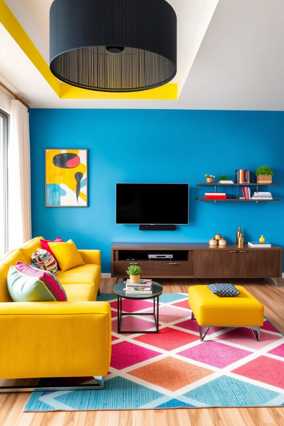 Bright colors to energize the space. The living room features a vibrant blue accent wall adorned with abstract art, complemented by a yellow sofa and colorful throw pillows. A sleek entertainment unit is mounted on the wall, housing a large flat-screen TV and decorative shelves filled with books and plants. A bright area rug in geometric patterns anchors the seating area, creating a lively and inviting atmosphere.