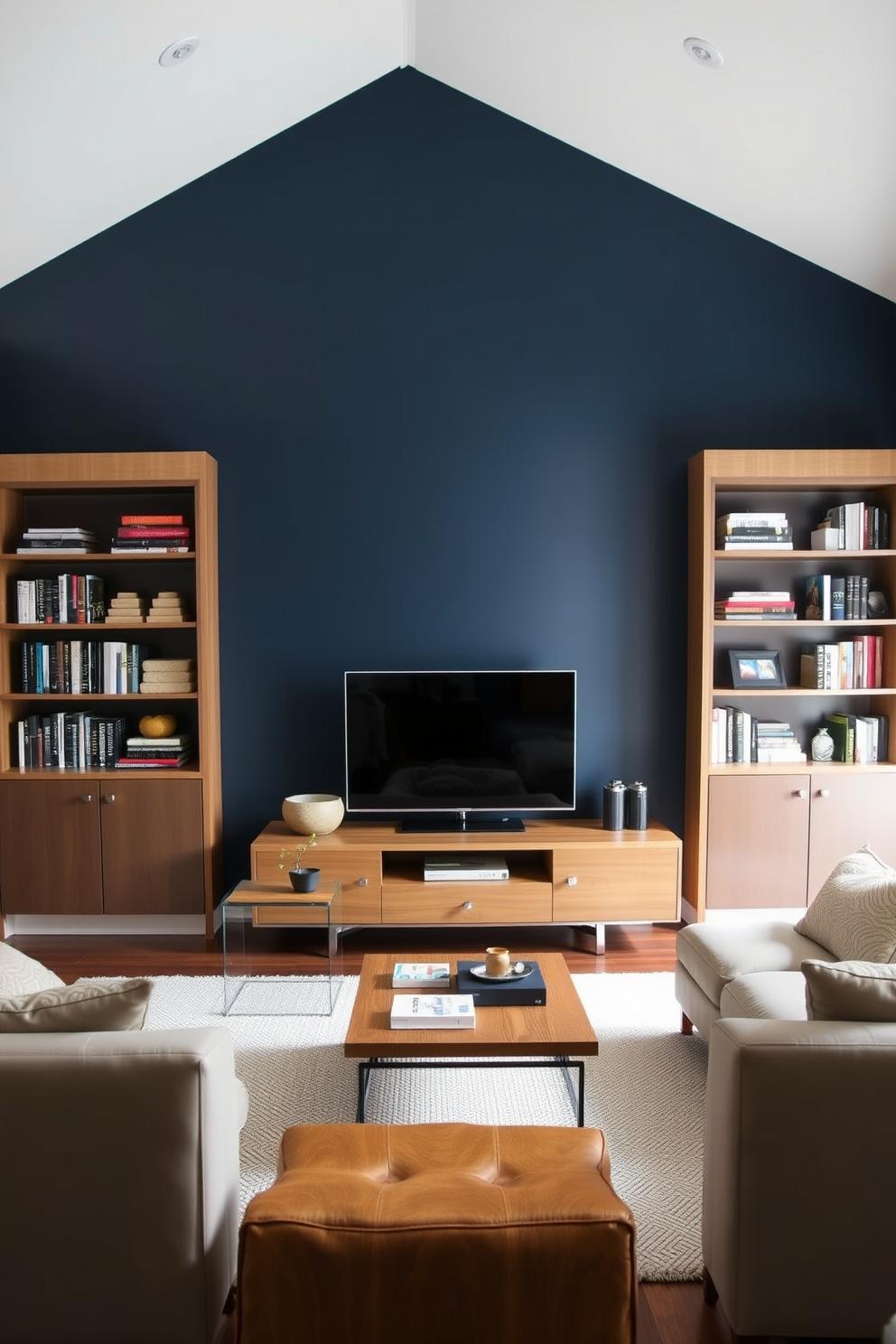 A striking accent wall painted in a deep navy blue serves as the focal point of the living room. Flanking the wall, sleek built-in shelves display a curated selection of books and decorative items. A modern flat-screen TV is mounted above a low-profile media console made of natural wood. Plush seating in neutral tones is arranged around a stylish area rug, creating an inviting atmosphere for relaxation and entertainment.