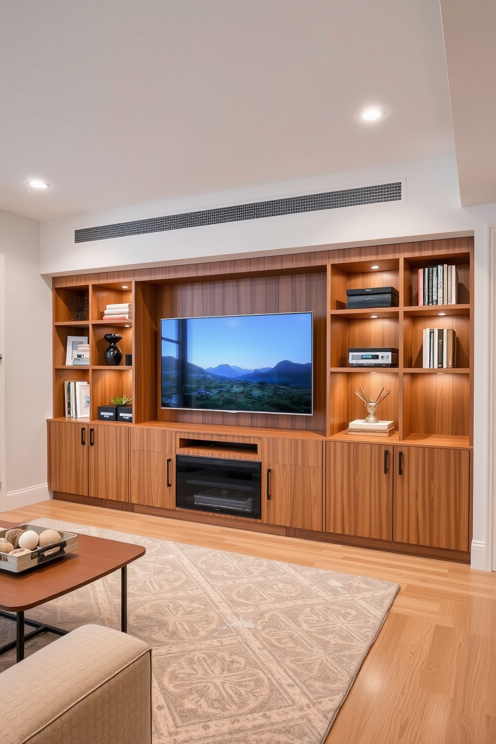 A modern living room featuring built-in cabinetry for media storage seamlessly integrated into the wall. The cabinetry is finished in a warm wood tone, providing a sleek backdrop for a large flat-screen TV and decorative elements.