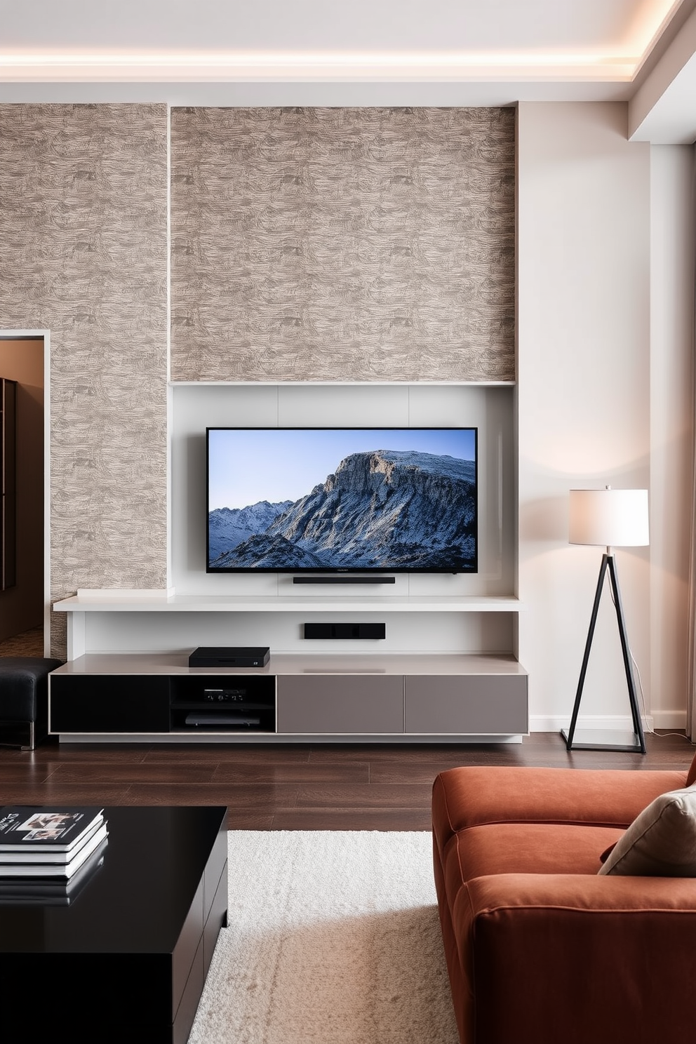 A chic living room featuring textured wallpaper that adds depth and character to the space. The focal point is a stylish TV wall designed with built-in shelving and a modern entertainment unit.