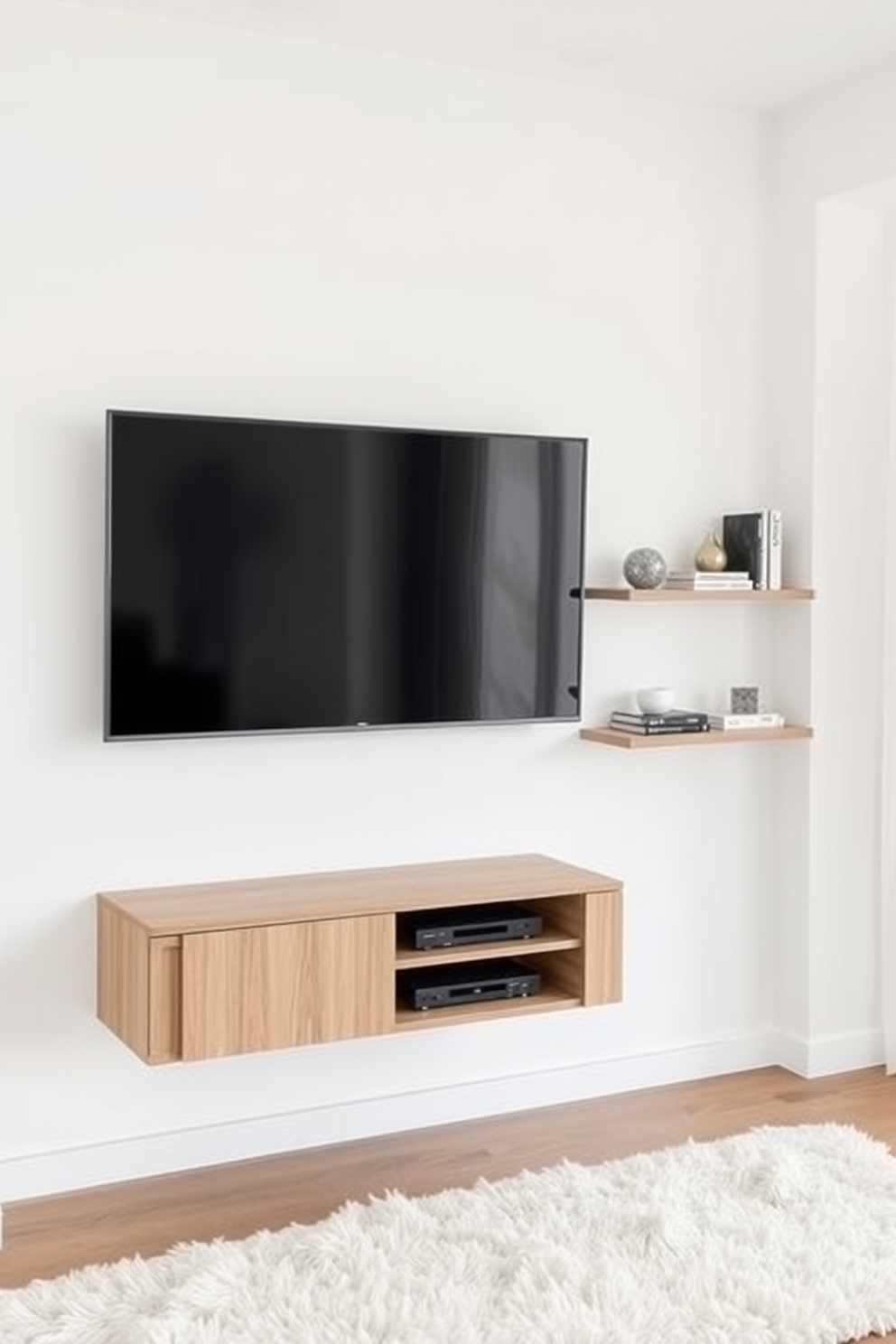 A minimalist wall-mounted TV setup features a sleek flat-screen television mounted above a low-profile media console. The console is finished in a light wood tone, complementing the soft neutral color scheme of the room. Surrounding the TV, simple floating shelves display a few curated decorative items and books. The walls are painted in a soft white, enhancing the airy feel of the space while a plush area rug adds warmth underfoot.