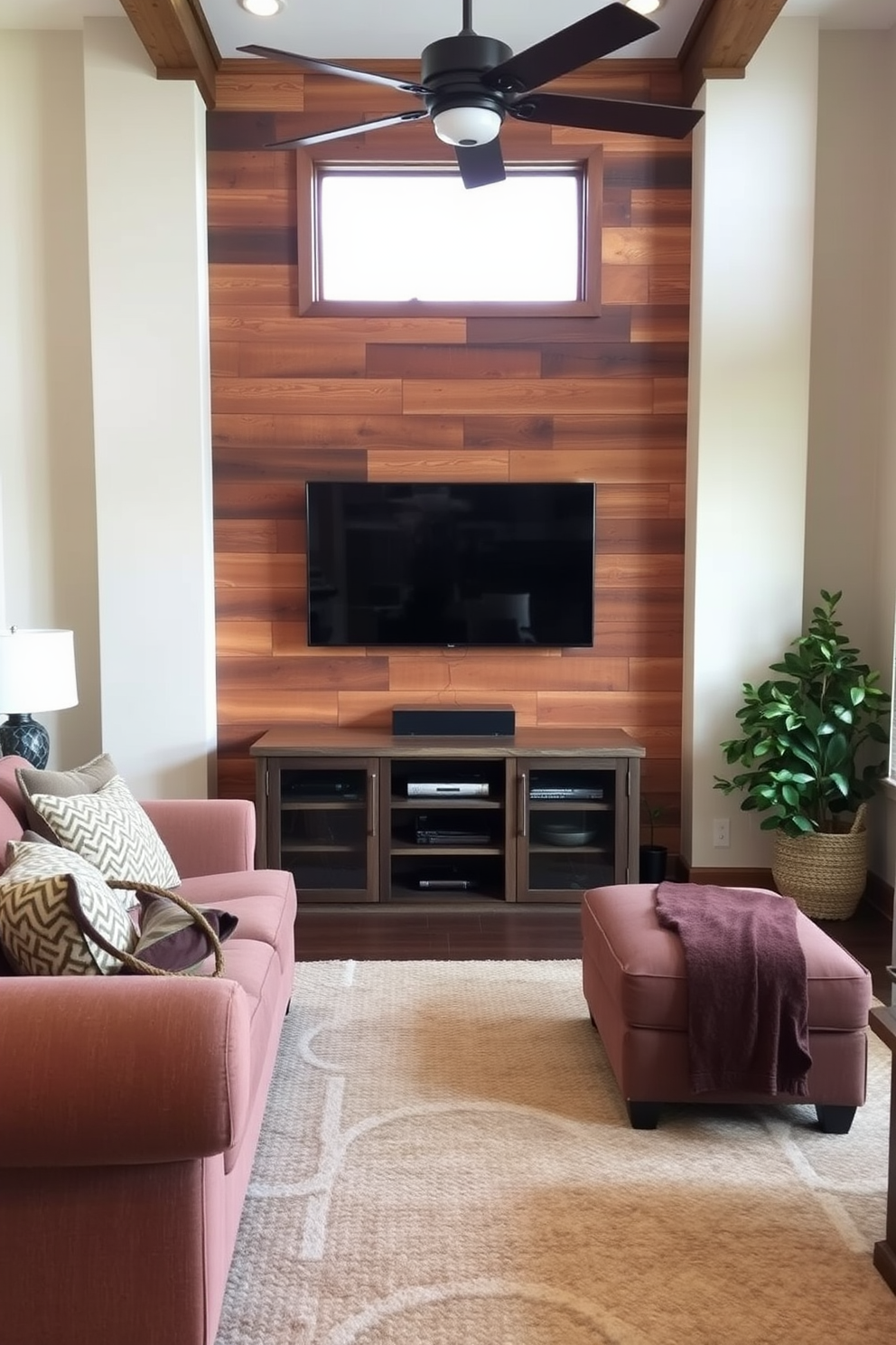 A cozy living room featuring rustic wood paneling behind the television. The warm tones of the wood create an inviting atmosphere complemented by a plush sofa and a textured area rug.