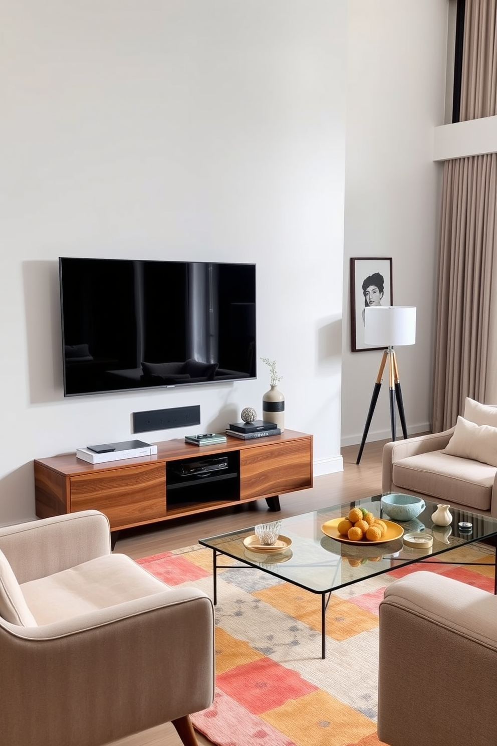 A stylish media console with sleek lines and a rich wood finish sits against the wall. The console features ample storage for electronics and decor, complemented by a large flat-screen TV mounted above it. The living room is designed with a cozy seating arrangement, including a plush sectional sofa and a pair of modern armchairs. Soft, neutral tones dominate the color palette, while a vibrant area rug adds a pop of color beneath the coffee table.