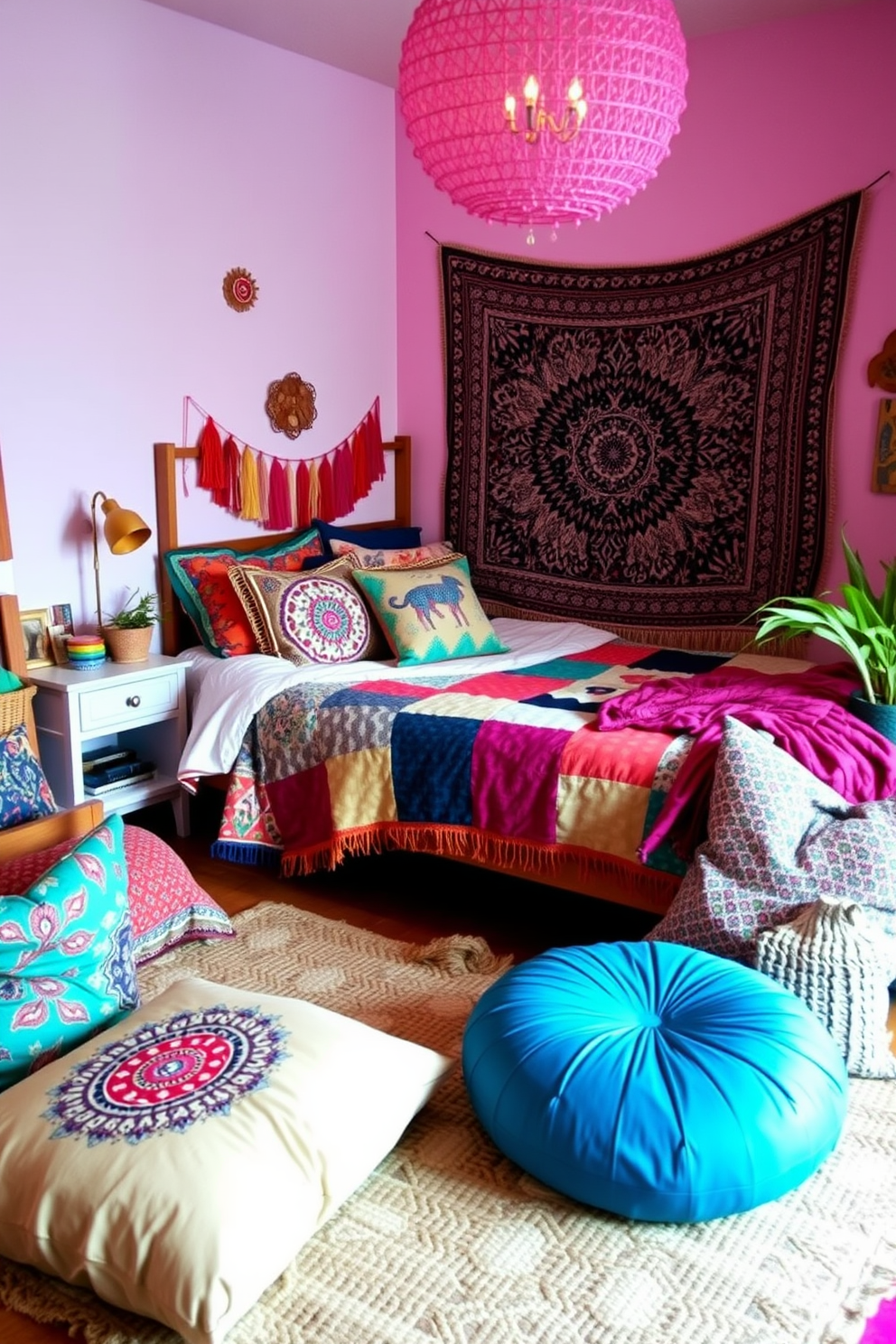 A vibrant teen bedroom featuring bohemian chic decor. The room is adorned with colorful textiles including a patchwork quilt and patterned throw pillows on a cozy bed. A large tapestry hangs on the wall, adding texture and warmth to the space. A mix of floor cushions and a woven rug complete the inviting atmosphere.