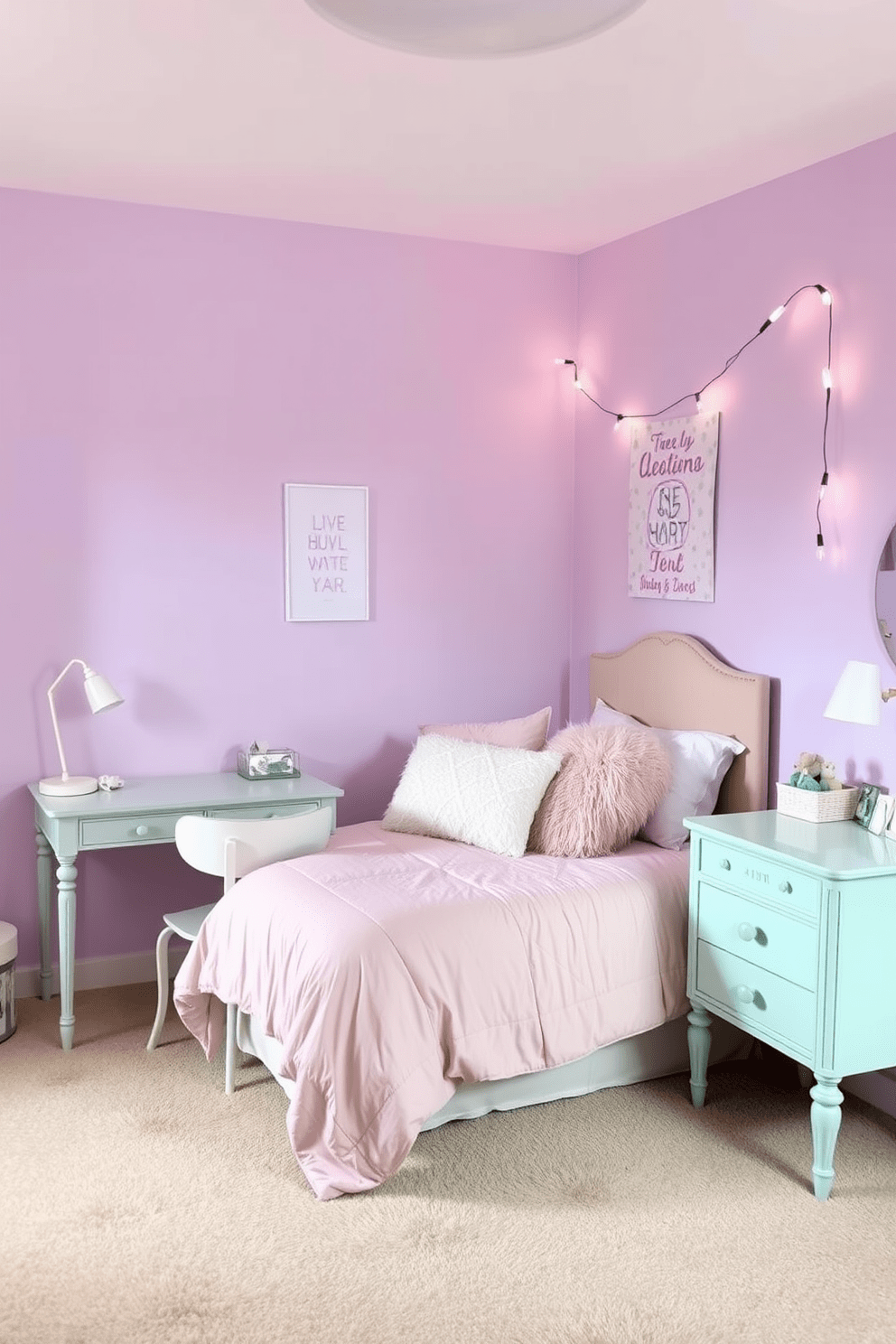 A cozy teen bedroom infused with pastel colors creates a soft and inviting atmosphere. The walls are painted in a gentle lavender hue, complemented by a light pink bedspread adorned with fluffy pillows. A stylish desk in a mint green finish sits against one wall, paired with a comfortable white chair. Decorative string lights hang above the bed, adding a whimsical touch to the overall design.