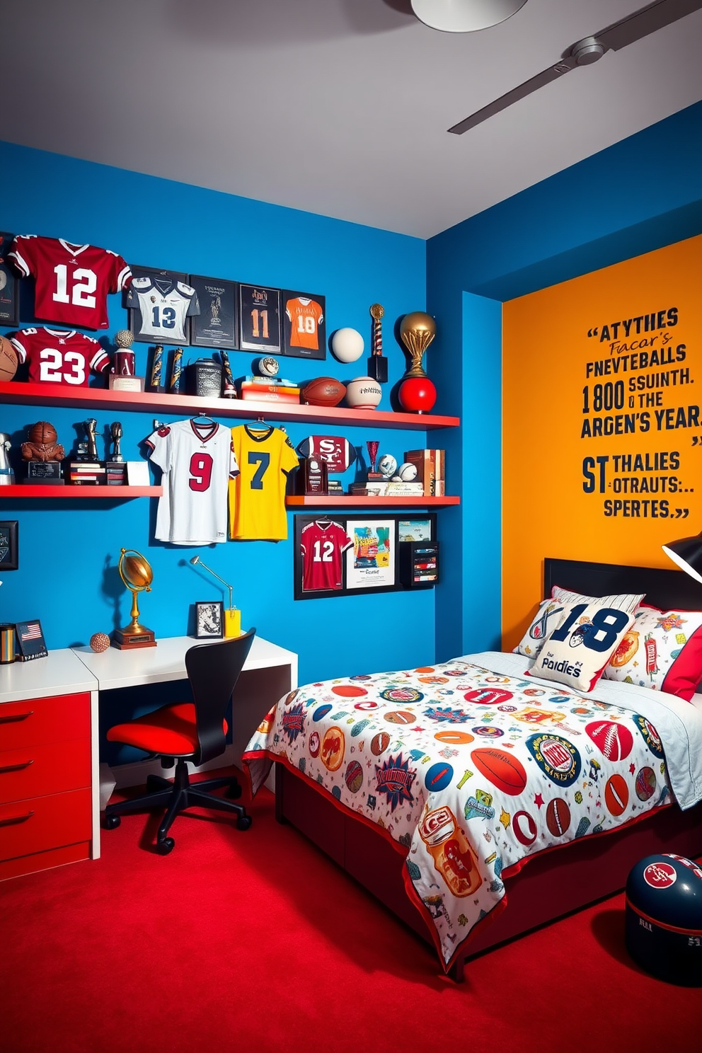 A vibrant teen bedroom infused with a sports theme. The walls are painted in bold team colors, and shelves are lined with memorabilia displays featuring jerseys, trophies, and signed balls. A comfortable bed is adorned with sports-themed bedding, featuring patterns of popular sports. A dedicated study area includes a desk with a sporty chair and wall art showcasing inspirational quotes from famous athletes.