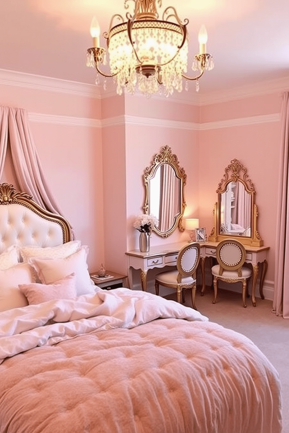 A stylish teen bedroom featuring elegant glam elements. The room is adorned with a luxurious gold-accented bed frame and plush bedding in soft pastels. A chic vanity table with a gold mirror sits against the wall, complemented by a comfortable chair. The walls are painted in a light blush hue, and a statement chandelier hangs from the ceiling, adding a touch of sophistication.