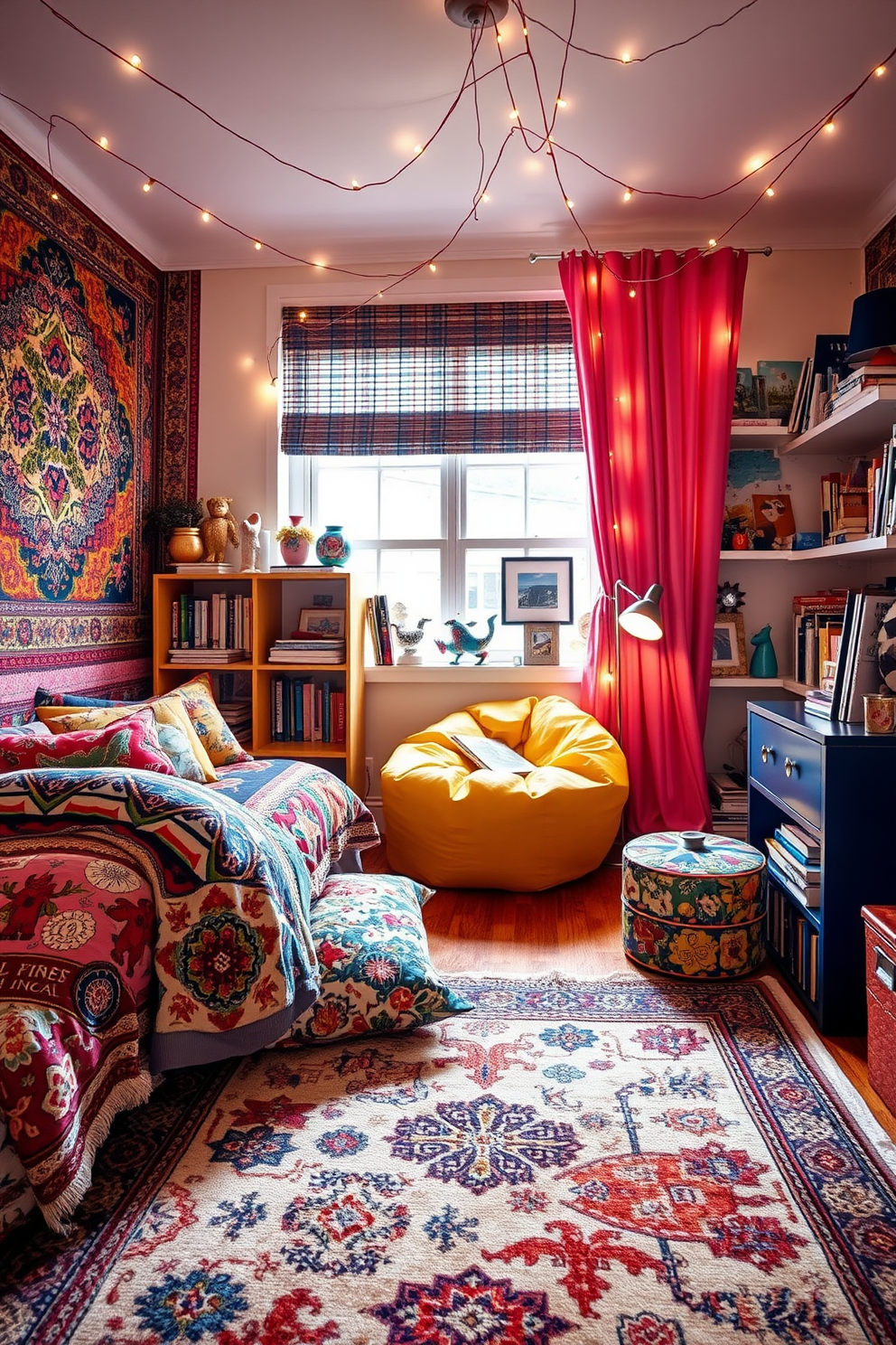 An eclectic teen bedroom filled with vibrant patterns and textures. The walls are adorned with a colorful tapestry, and the bedding features a mix of bold geometric prints and floral designs. A cozy reading nook is created with a bean bag chair in a bright hue, surrounded by shelves of books and decorative items. A vintage rug with intricate patterns adds warmth to the space, and fairy lights are strung across the ceiling for a whimsical touch.