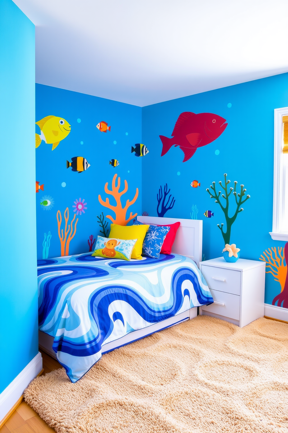 A vibrant under-the-sea themed bedroom designed for a teenager. The walls are painted in various shades of blue, featuring large wall decals of marine life such as fish and coral. A comfortable bed with a wave-patterned duvet cover sits against one wall. Brightly colored throw pillows and a plush rug resembling sandy beach textures add warmth and comfort to the space.