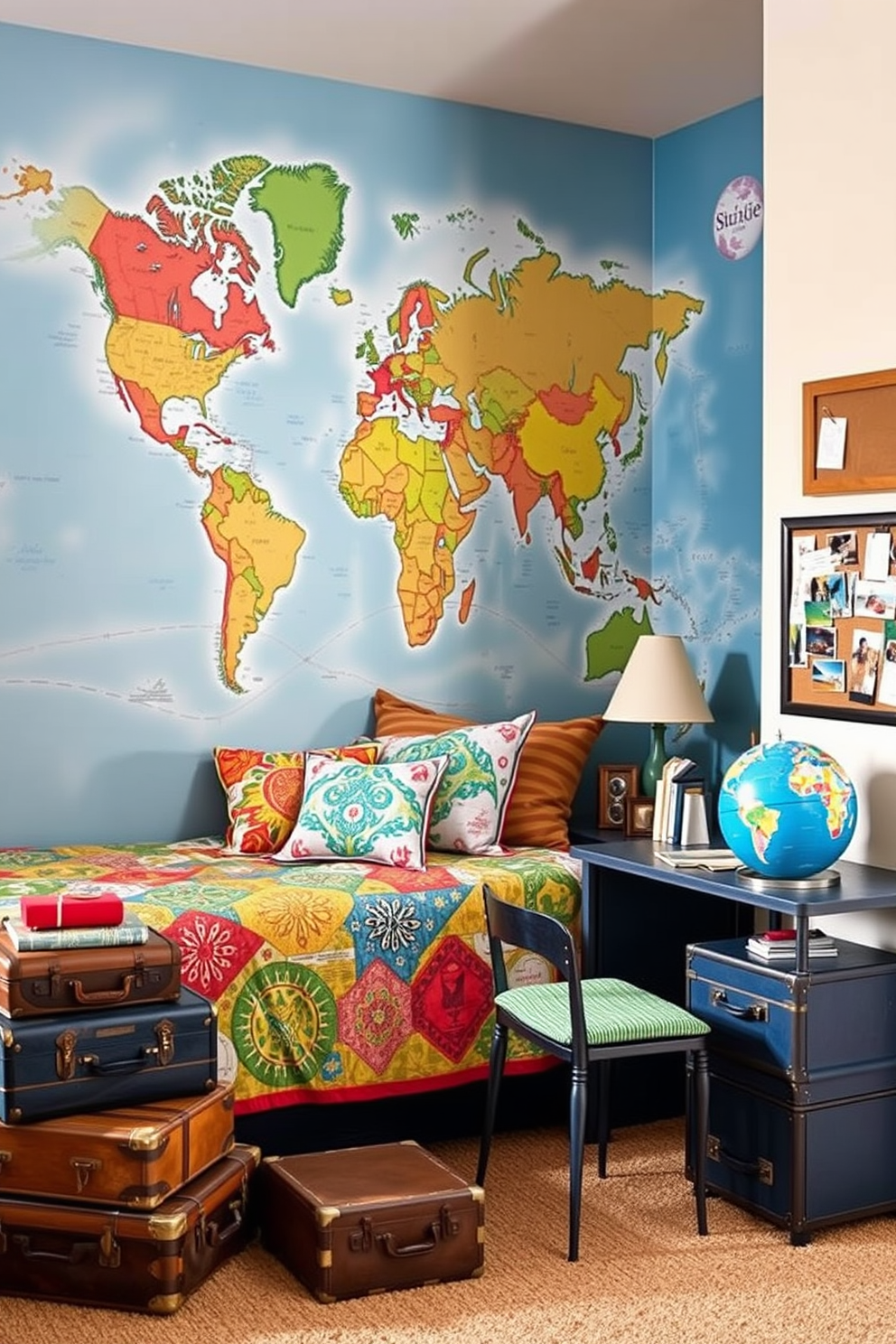 A travel-inspired teen bedroom featuring a large world map mural on one wall that serves as a vibrant focal point. The room includes a cozy bed with a colorful quilt and pillows that reflect various cultures, along with a desk adorned with travel-themed accessories. The space is decorated with vintage suitcases stacked in a corner, adding a sense of adventure. A globe sits on the desk, and travel photos are pinned to a corkboard, creating a personalized and inspiring atmosphere.