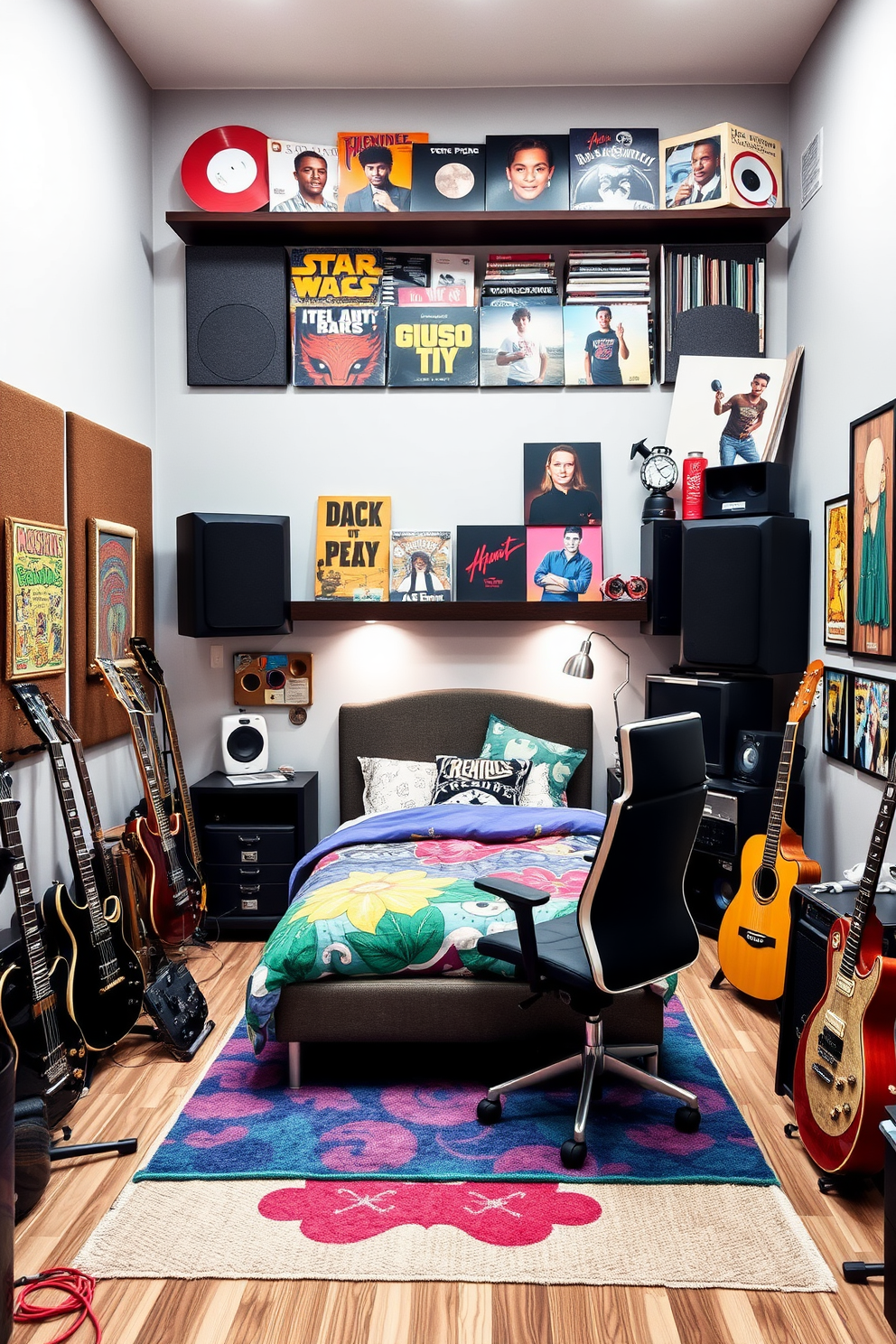 A cozy music lover's space filled with various instruments. The walls are adorned with soundproof panels and shelves displaying vinyl records and music memorabilia. A stylish teen bedroom featuring a modern bed with colorful bedding. A study area with a sleek desk and ergonomic chair complements the vibrant decor and personal artwork.