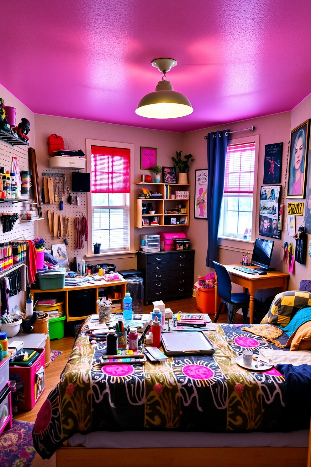 A vibrant DIY craft area filled with colorful supplies and creative inspiration. The walls are adorned with pegboards for tools and materials, while a large table in the center is cluttered with paints, brushes, and projects in progress. A cozy teen bedroom designed for relaxation and self-expression. The room features a stylish bed with a colorful duvet, a study desk by the window, and wall art that reflects the teen's personal interests.